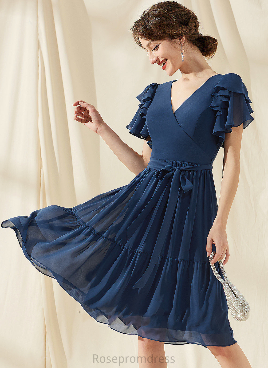 Ruffles Cascading Homecoming Dresses With Homecoming V-neck Bow(s) Dress Knee-Length Chiffon Viviana A-Line