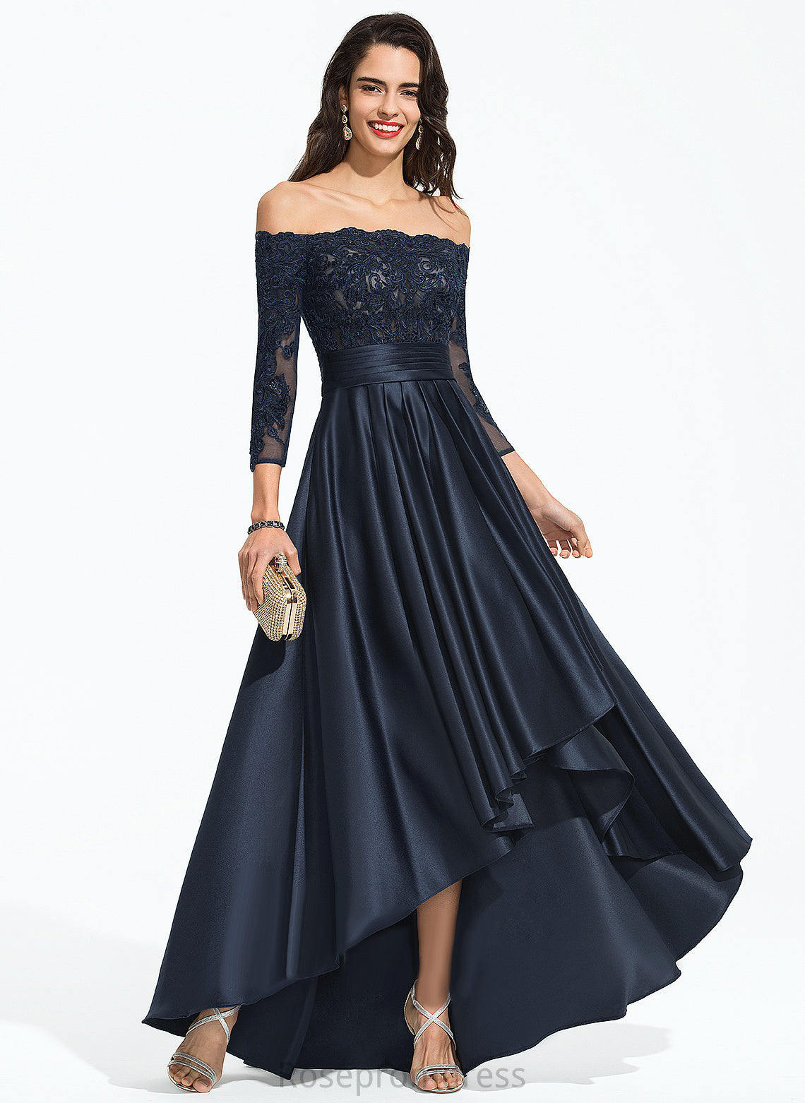 A-Line Prom Dresses Off-the-Shoulder Asymmetrical Willow Cascading Sequins Ruffles Lace Satin With