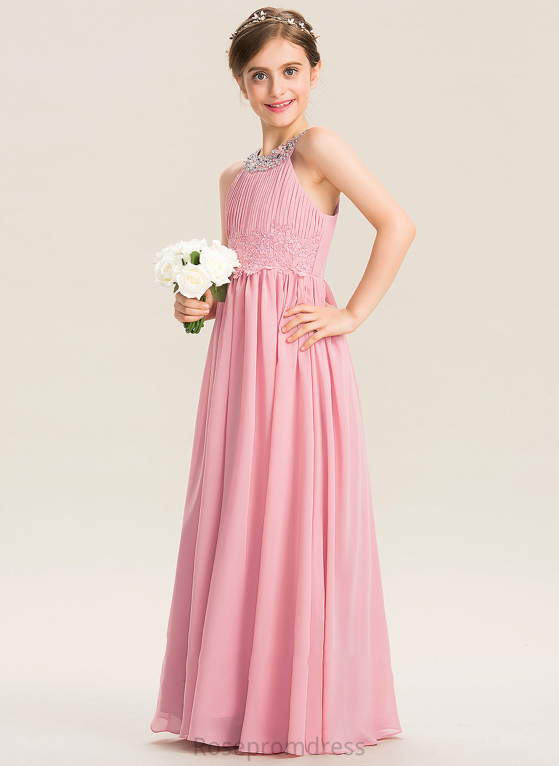 Scoop Maisie Ruffle Beading Junior Bridesmaid Dresses Floor-Length Chiffon A-Line Sequins Lace With Neck