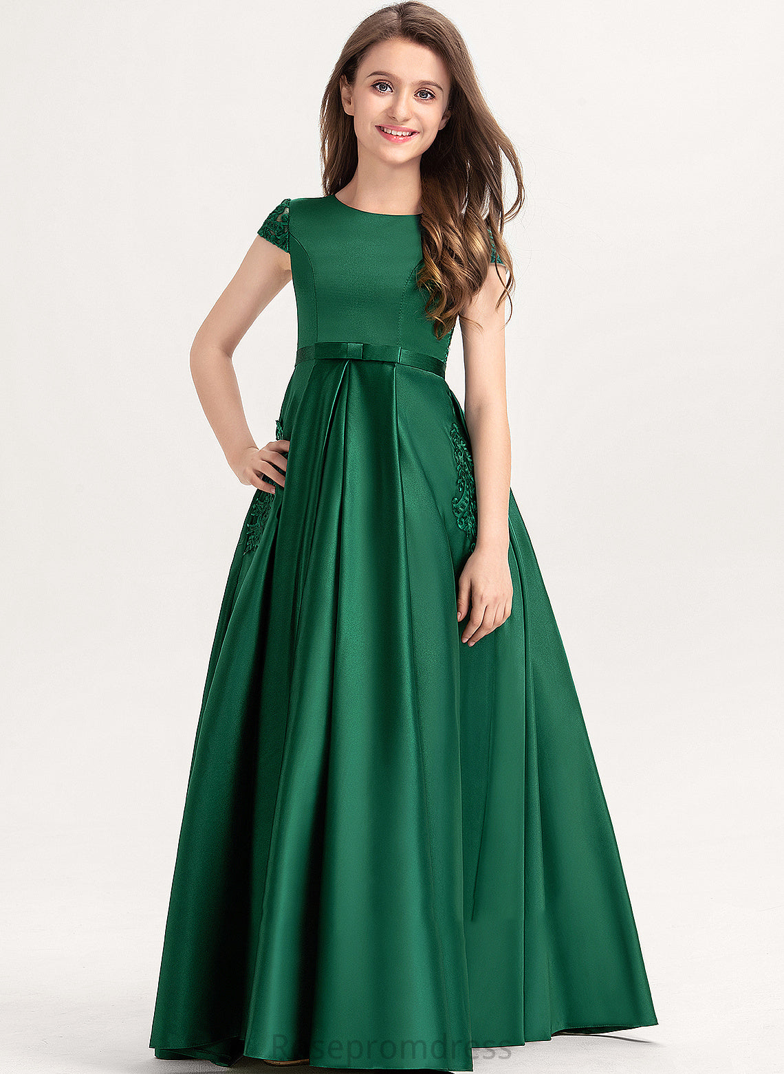 Neck Pockets Floor-Length Scoop Bow(s) Junior Bridesmaid Dresses Lace With Satin Ball-Gown/Princess Pamela