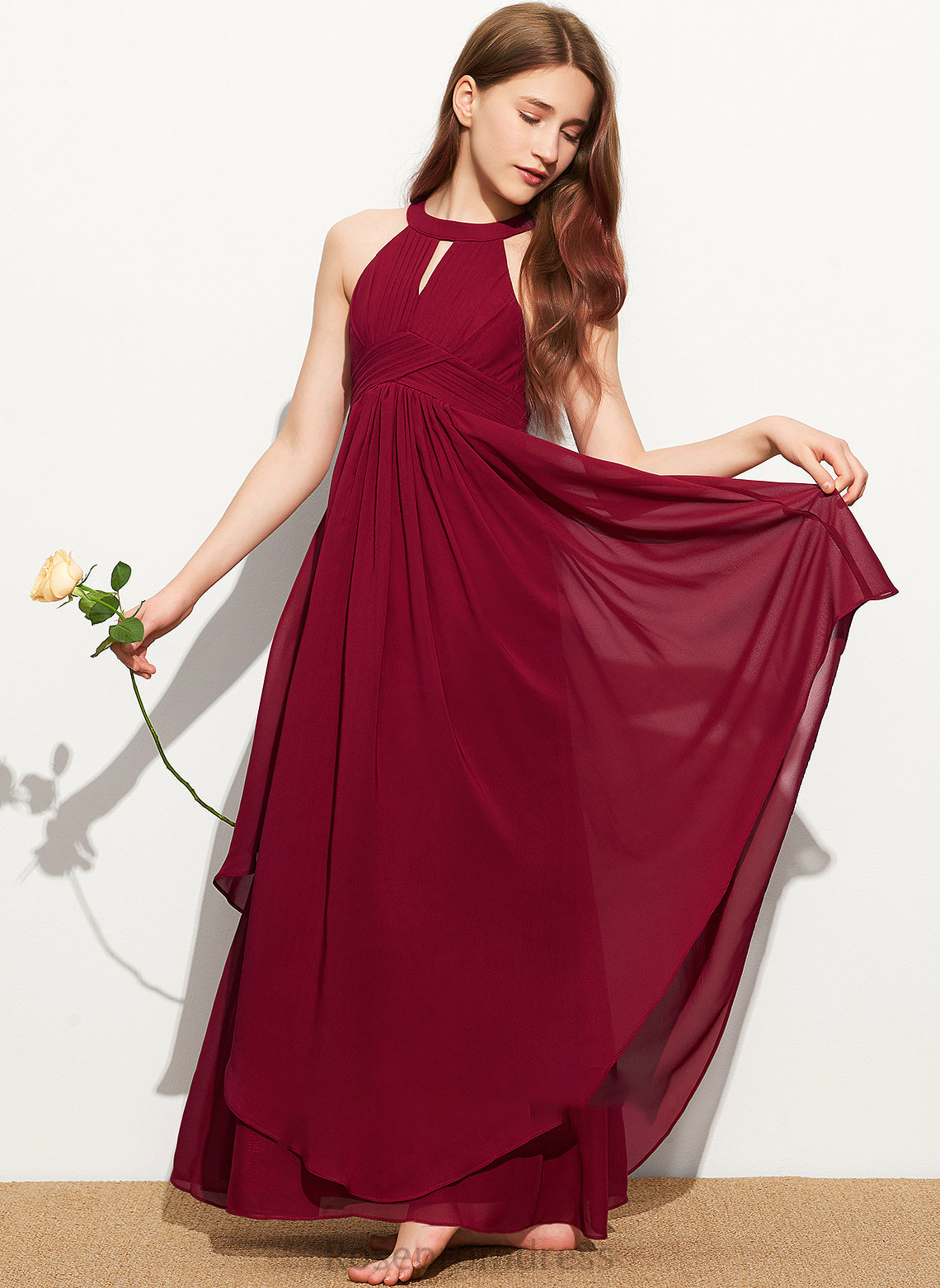 With Neck Ruffle Chiffon Scoop Nicole Junior Bridesmaid Dresses A-Line Floor-Length