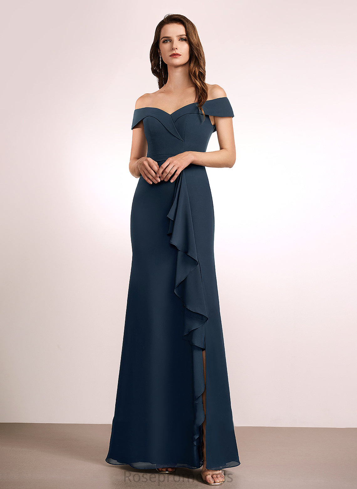 Embellishment Ruffle Floor-Length Neckline Fabric Length Off-the-Shoulder A-Line Silhouette Martha A-Line/Princess Sleeveless Bridesmaid Dresses