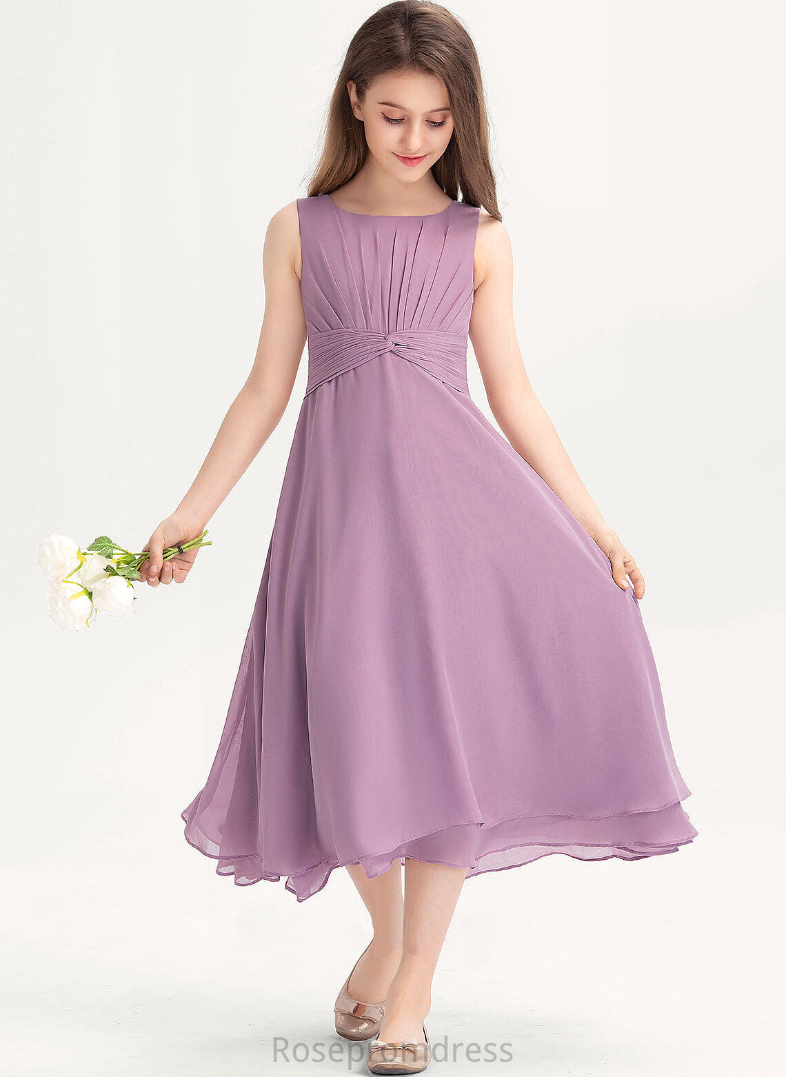 Ruffle Scoop Neck Chiffon Junior Bridesmaid Dresses Tea-Length Aryanna With A-Line