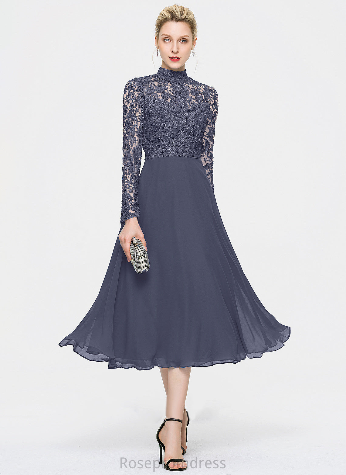 Cocktail Dresses Dress Lace A-Line High Cocktail Tea-Length Kendal Neck Chiffon