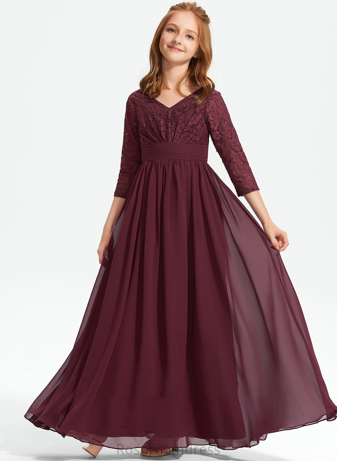 Lace Junior Bridesmaid Dresses A-Line V-neck Lilyana Chiffon Floor-Length