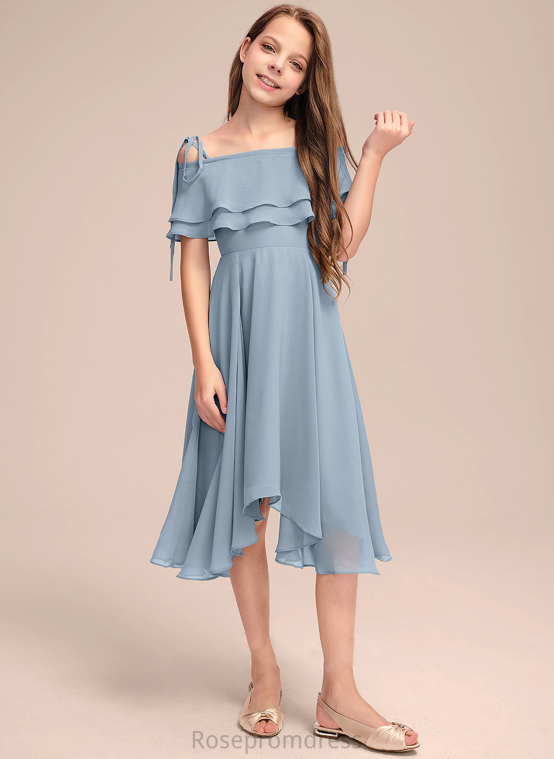 Off-the-Shoulder A-Line Asymmetrical Ruffles Junior Bridesmaid Dresses Chiffon Cascading With Katrina