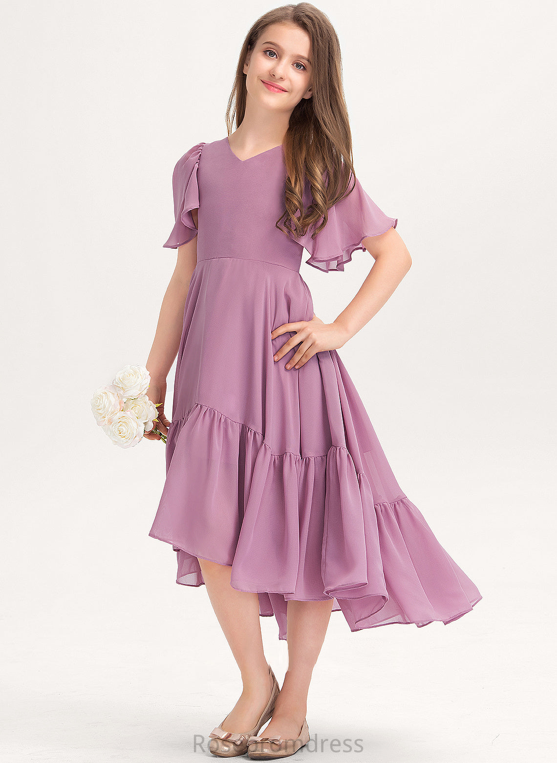 Cascading Asymmetrical Prudence Ruffles With Junior Bridesmaid Dresses Chiffon V-neck A-Line