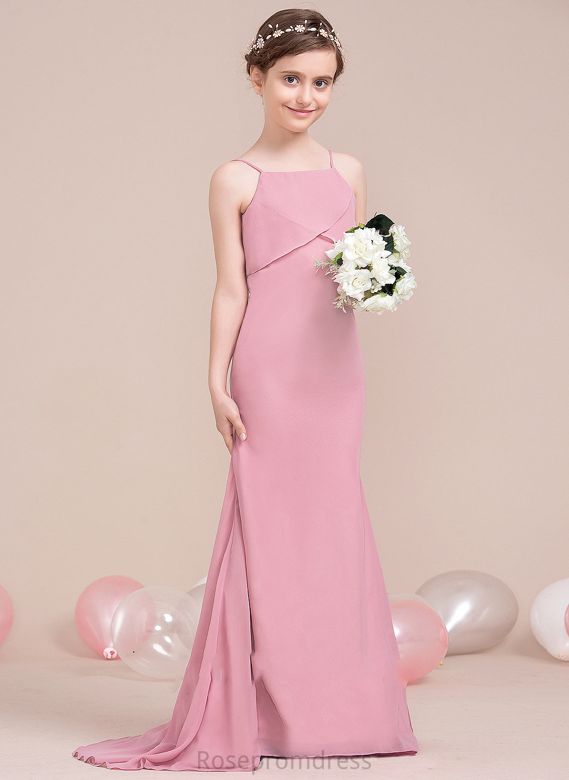 Train Junior Bridesmaid Dresses Hayley Sweep Ruffles Chiffon Cascading Trumpet/Mermaid Neckline With Square