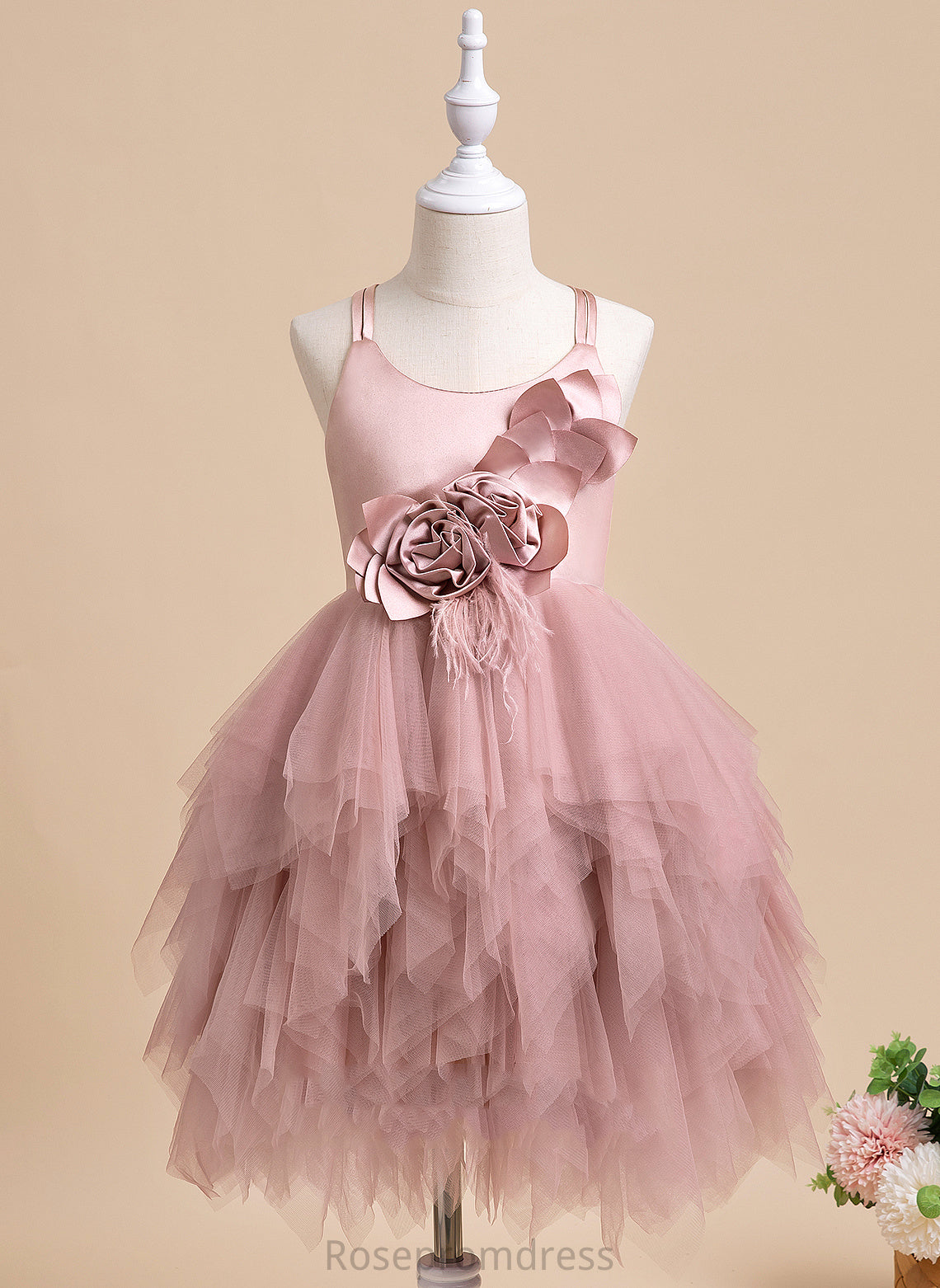 Neck Tulle Knee-length Feather/Flower(s) Teresa Flower Scalloped Flower Girl Dresses Ball-Gown/Princess Girl Dress - Sleeveless With