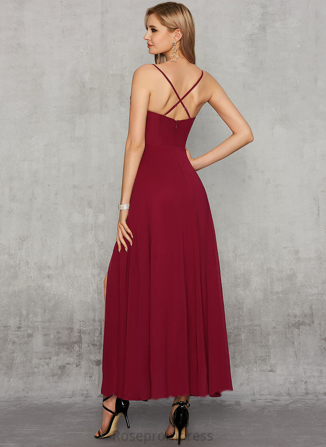 Jackie Front A-Line With Split V-neck Prom Dresses Ankle-Length Chiffon