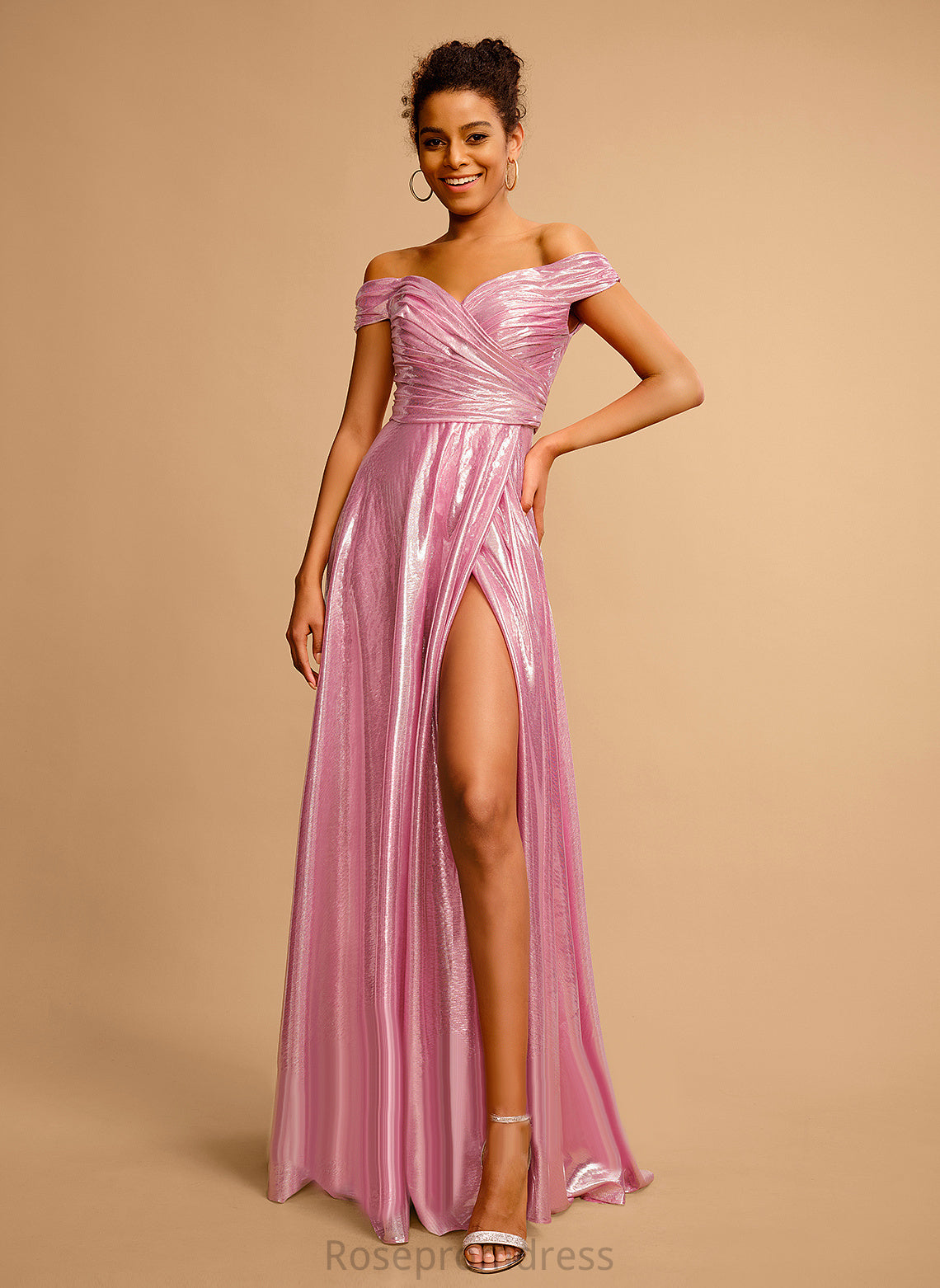 Pleated Floor-Length Off-the-Shoulder Sequins With Tori Polyester Prom Dresses A-Line