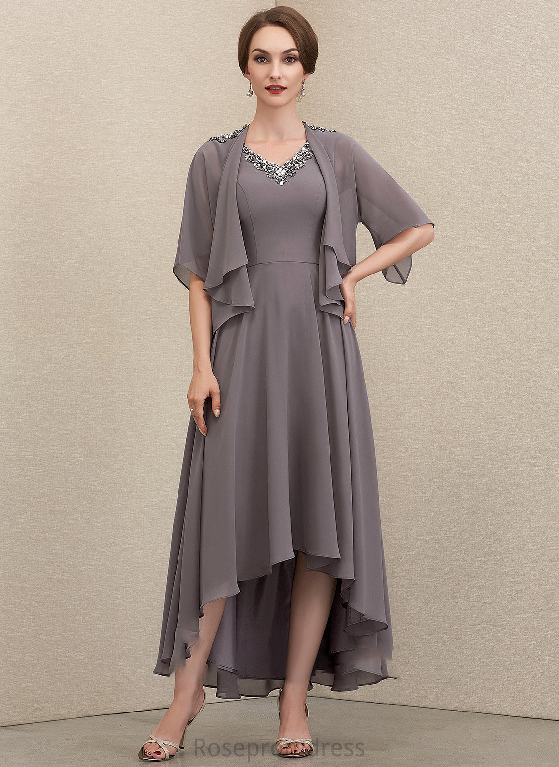 With of A-Line Mother Bride the V-neck Mother of the Bride Dresses Chiffon Dress Asymmetrical Sequins Beading Parker