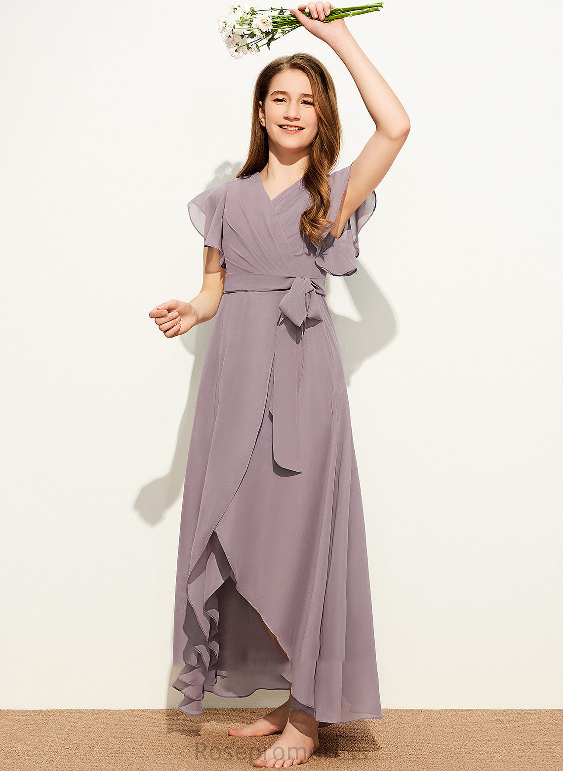 V-neck A-Line Junior Bridesmaid Dresses Asymmetrical Bow(s) With Ruffle Chiffon Ayanna