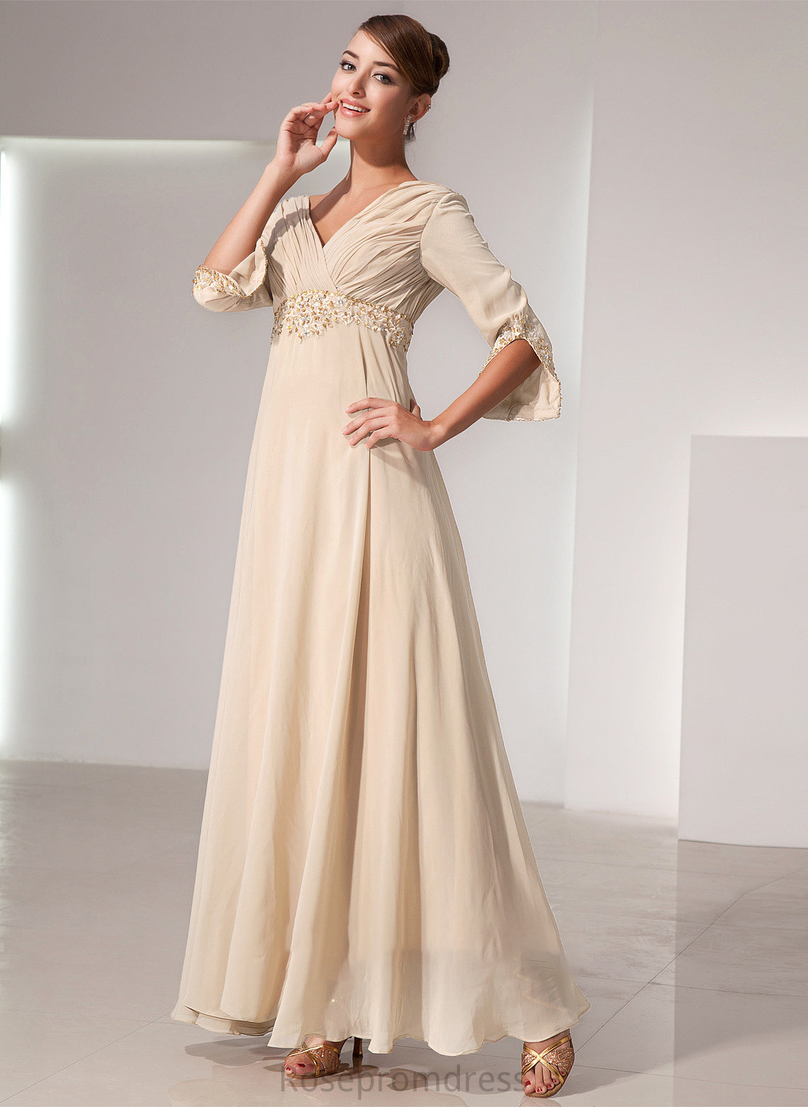 the Floor-Length Beading Chiffon Empire Bride V-neck Mother Dress Ruffle of With Anahi Mother of the Bride Dresses