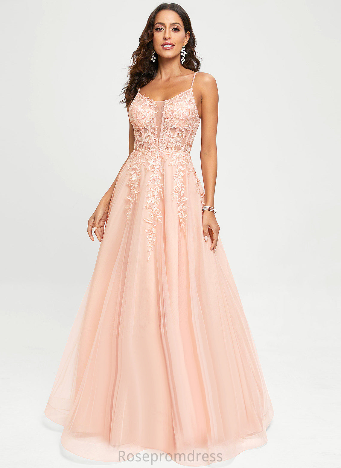 Lena With Scoop Floor-Length Prom Dresses Tulle A-Line Sequins Lace