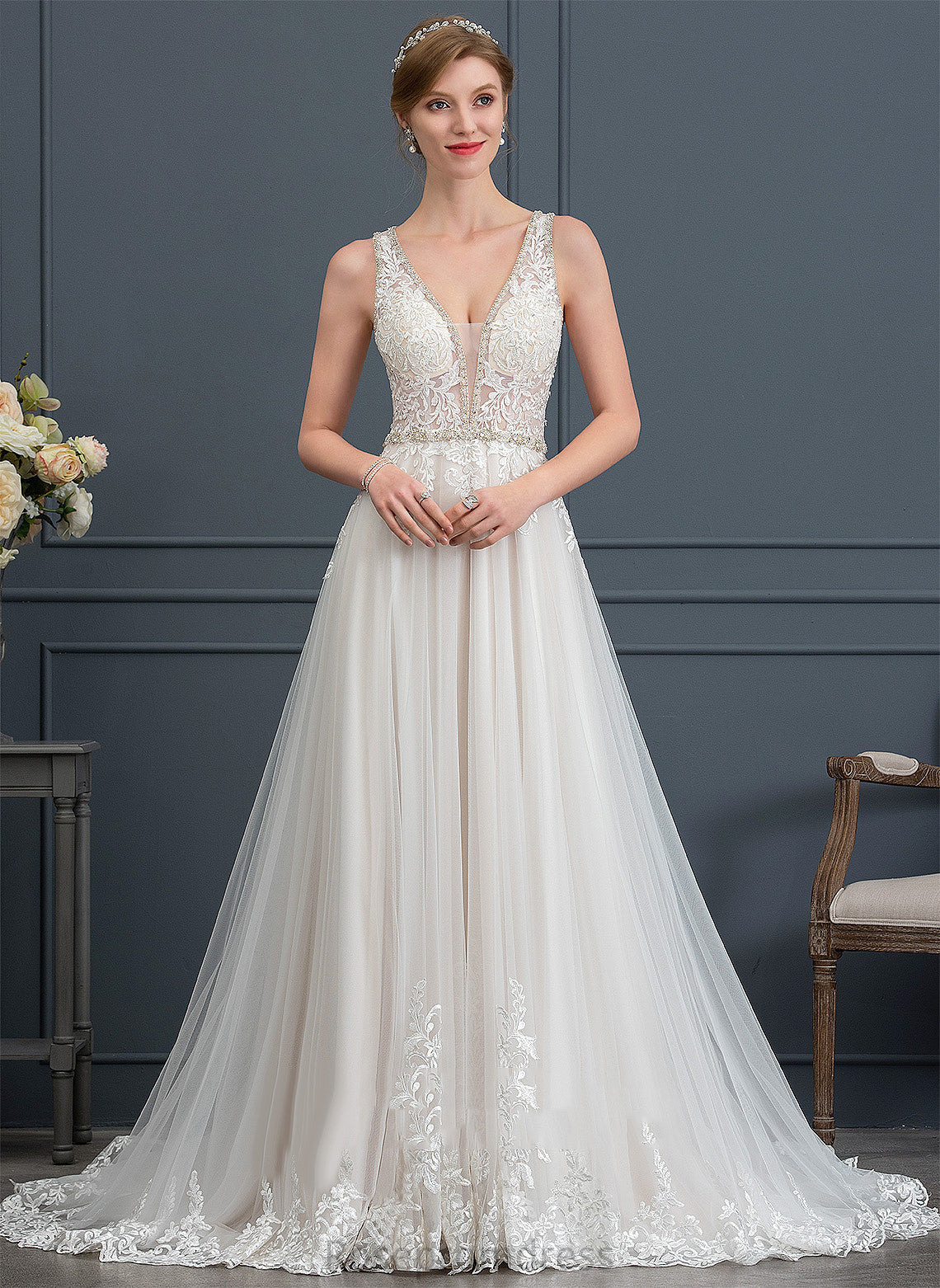 Lace Train Dress Court Tulle Beading V-neck Wedding Dresses Sequins Winifred With Ball-Gown/Princess Wedding