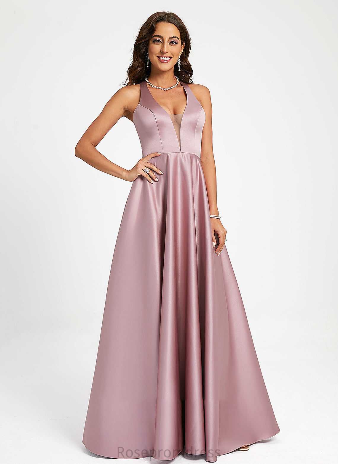 A-Line V-neck Paulina Floor-Length Prom Dresses Satin