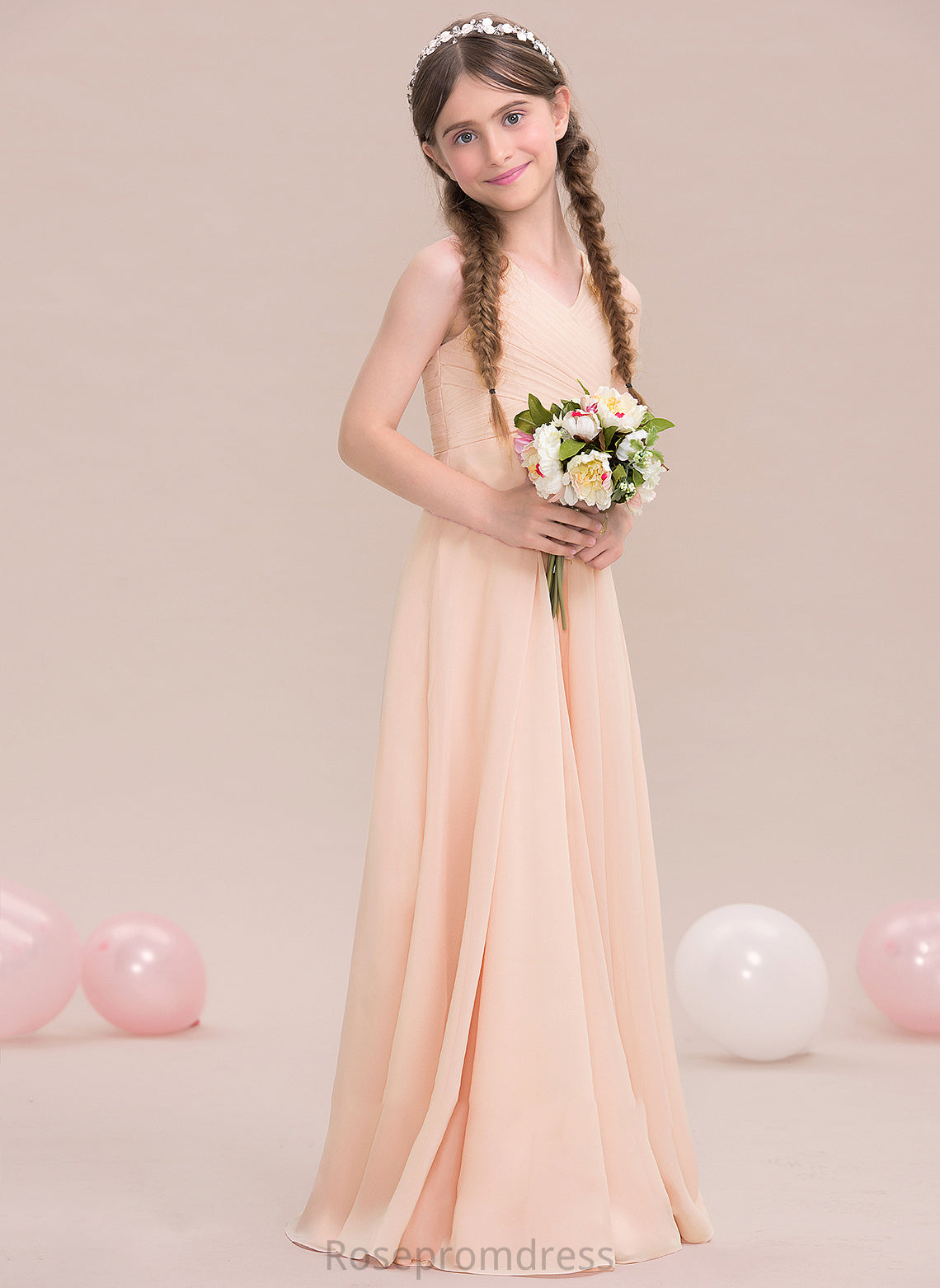 Ruffle Chiffon Junior Bridesmaid Dresses Lilyana With A-Line Floor-Length V-neck