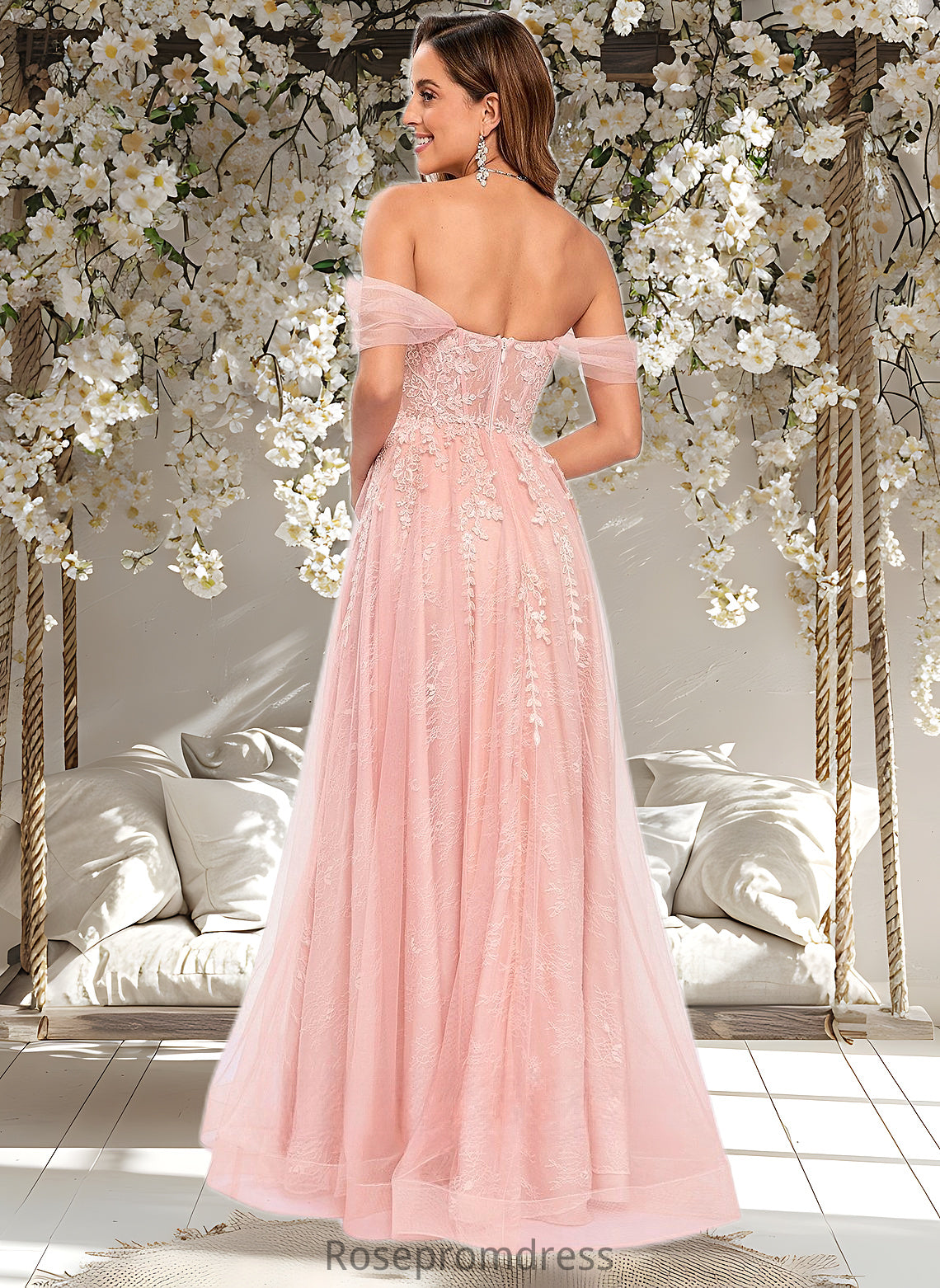 Monique A-line Sweetheart Off the Shoulder Floor-Length Tulle Floral Lace Prom Dresses With Appliques Lace DSP0025870