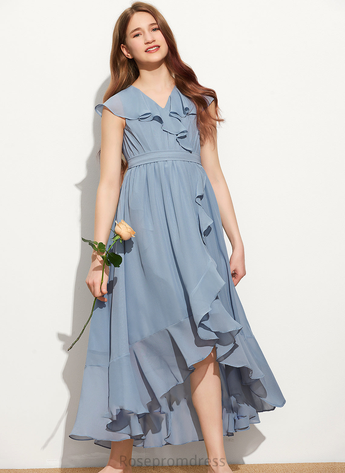 With Alannah Bow(s) Ruffles Cascading V-neck A-Line Junior Bridesmaid Dresses Asymmetrical Chiffon