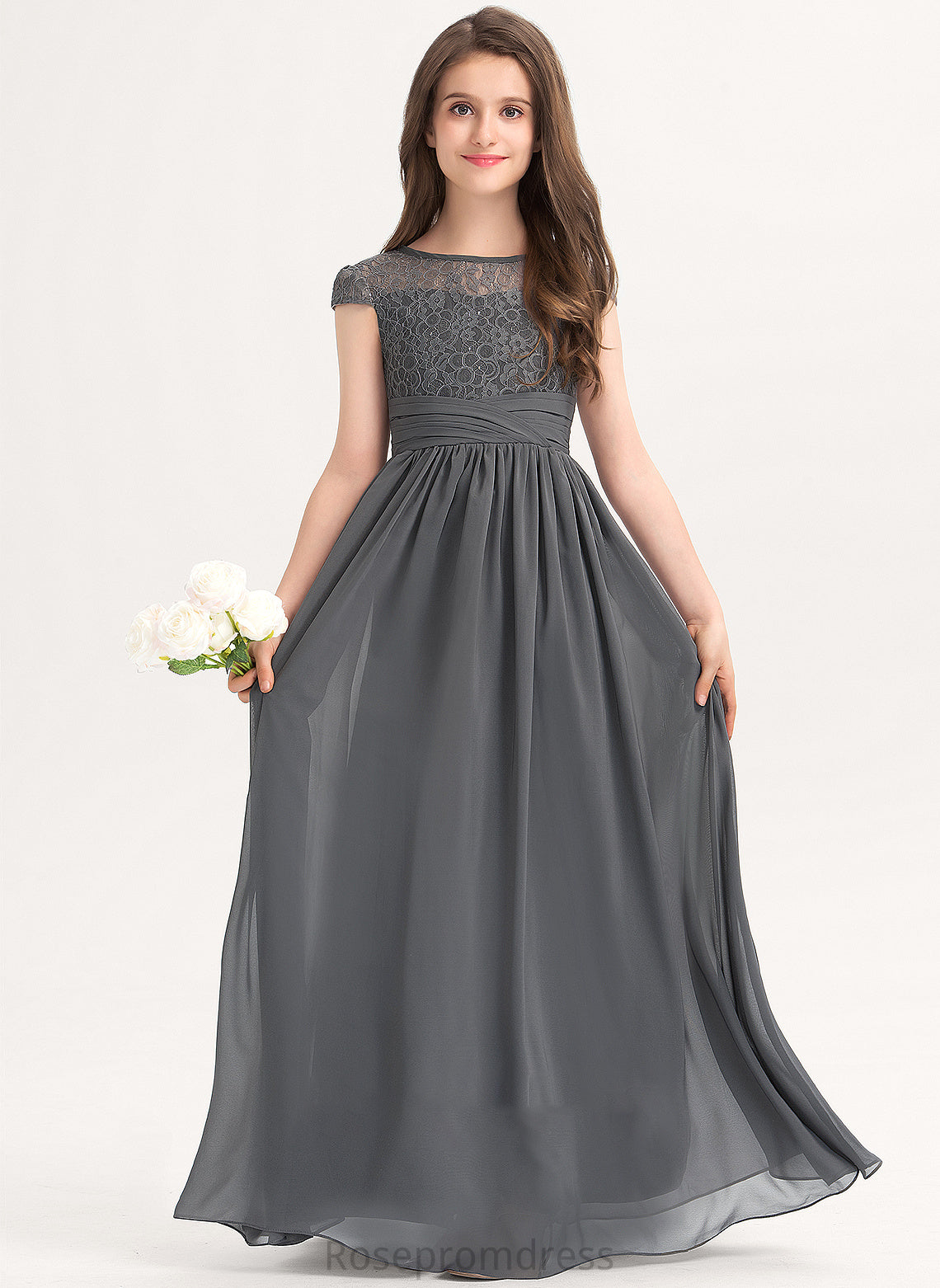 A-Line Ruffle Lace Neck Scoop Floor-Length Junior Bridesmaid Dresses Chiffon With Esperanza