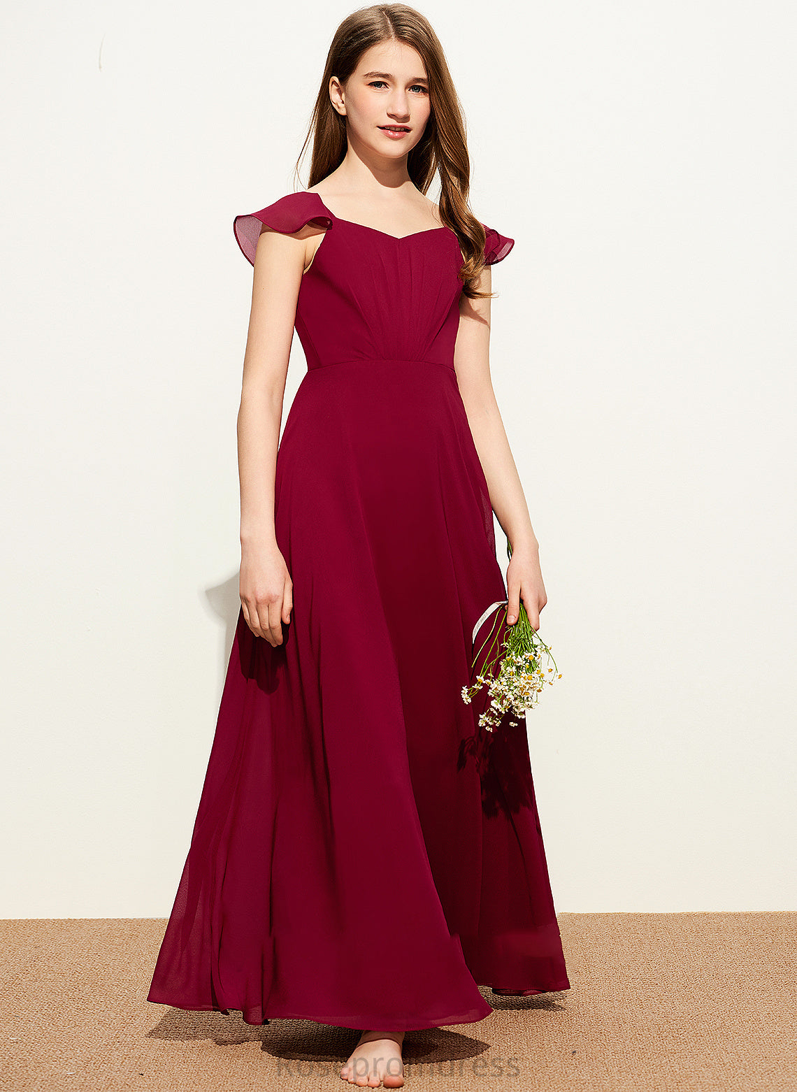 Junior Bridesmaid Dresses V-neck Edith A-Line Chiffon Floor-Length With Ruffle