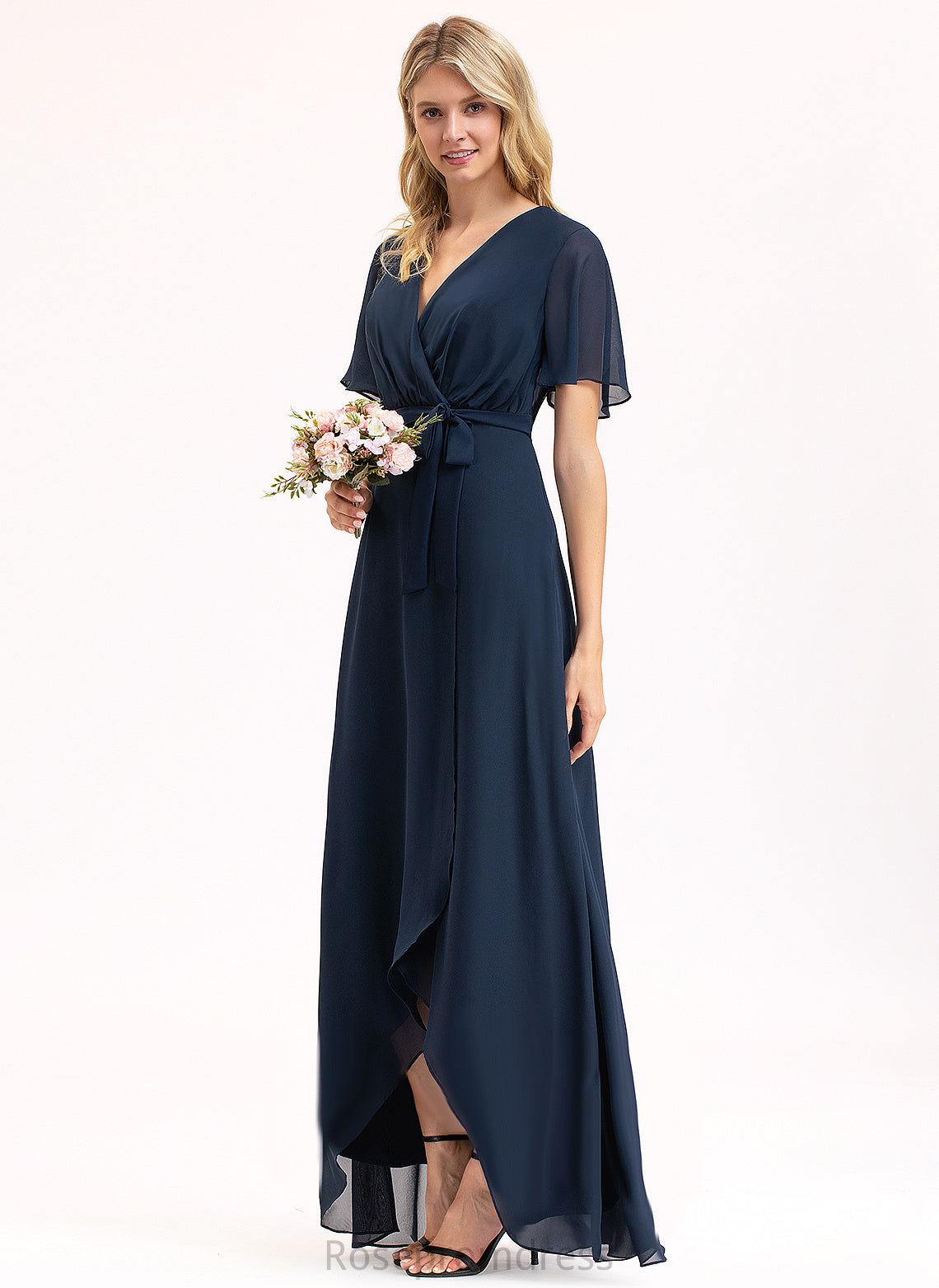 Silhouette Neckline Embellishment A-Line Pleated Fabric Bow(s) Length V-neck Asymmetrical Daphne Floor Length Bridesmaid Dresses