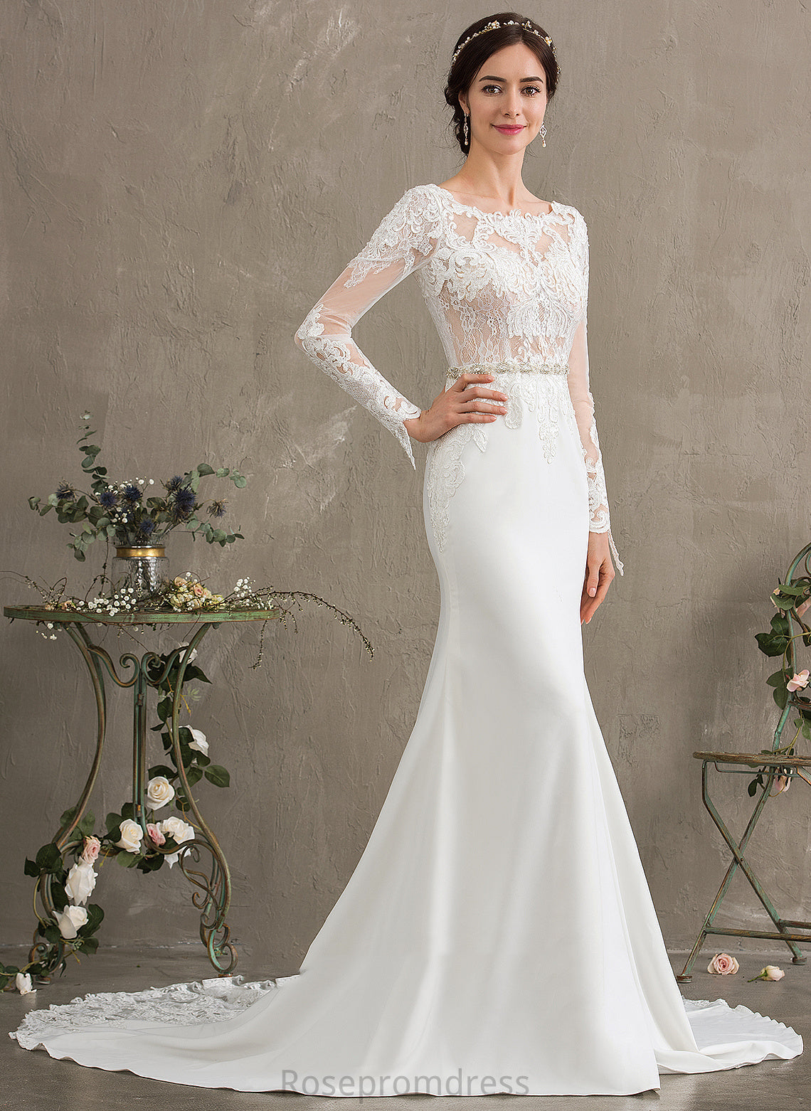 Sequins Beading Dress With Chapel Stretch Train Neck Crepe Scoop Wedding Dresses Trumpet/Mermaid Lace Wedding Shiloh