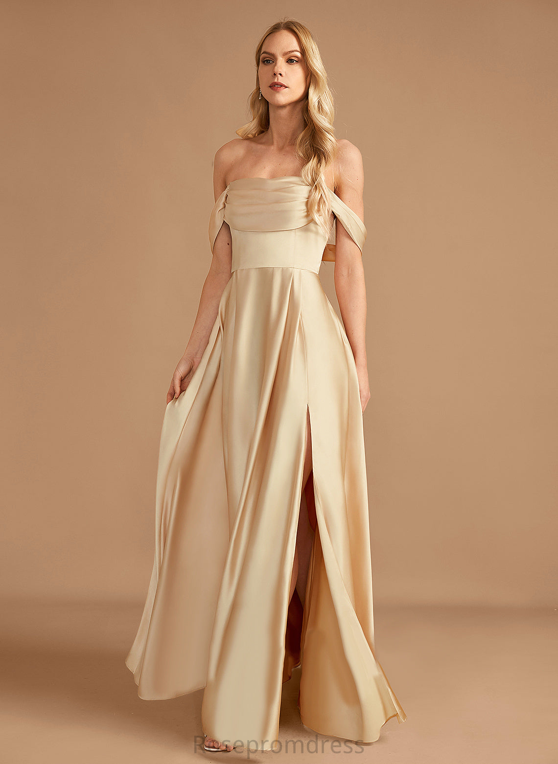 Pockets Silhouette Fabric A-Line Length Embellishment Floor-Length SplitFront Off-the-Shoulder Neckline Danika Bridesmaid Dresses