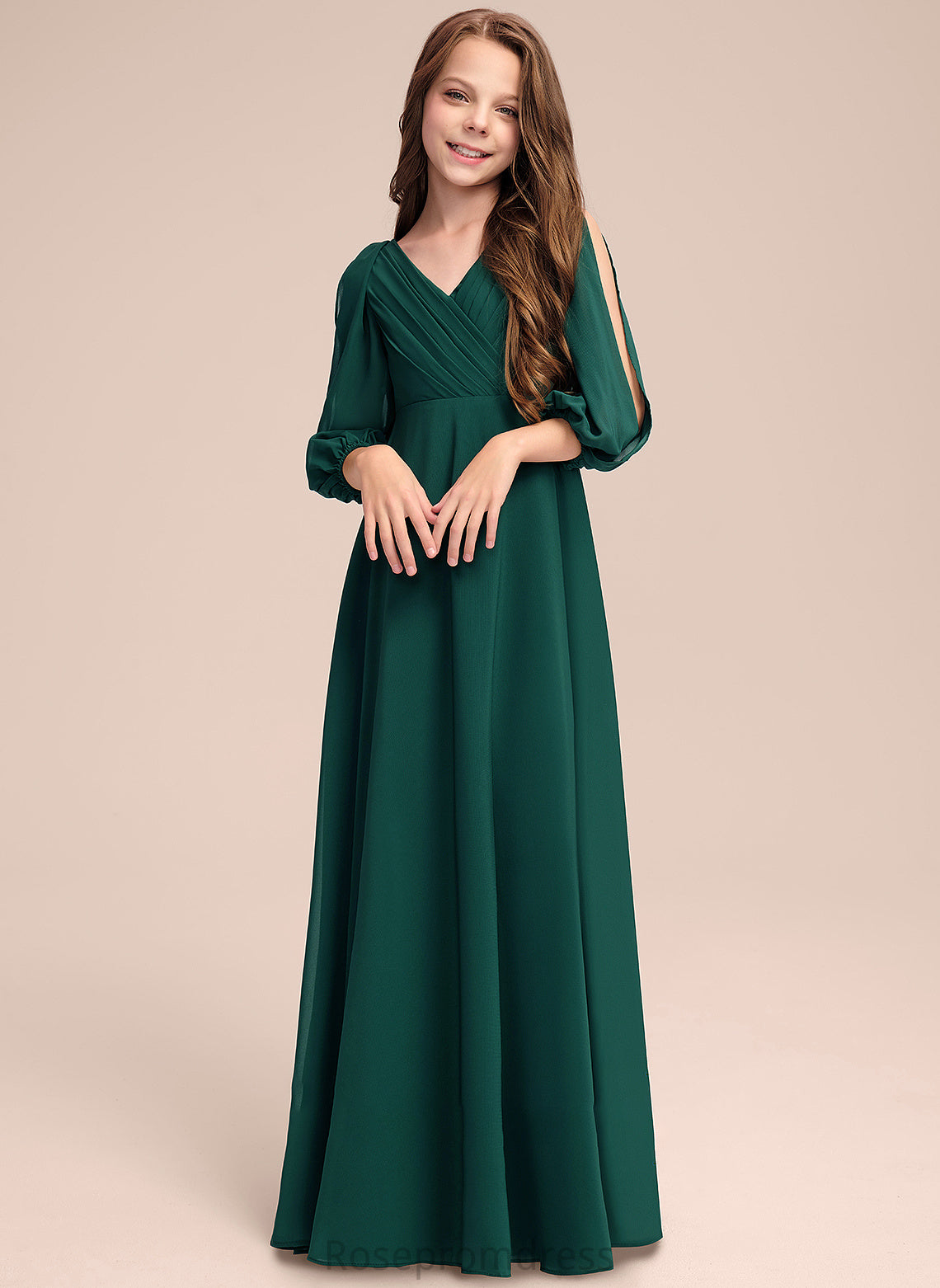 Aliana With A-Line Floor-Length Ruffles Chiffon V-neck Junior Bridesmaid Dresses