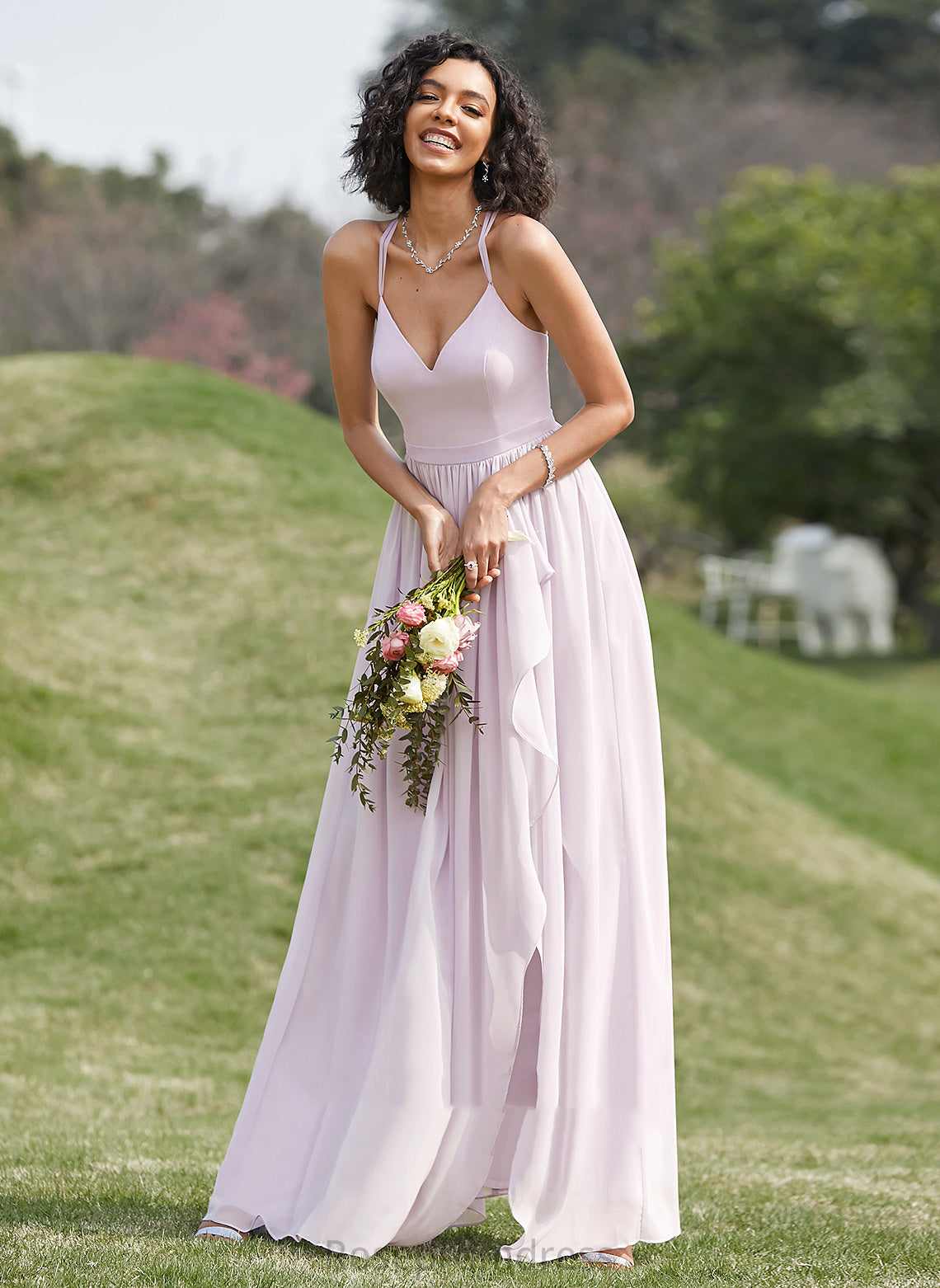 SplitFront Fabric Neckline Length Ruffle Embellishment Asymmetrical A-Line V-neck Silhouette Kailee Bridesmaid Dresses