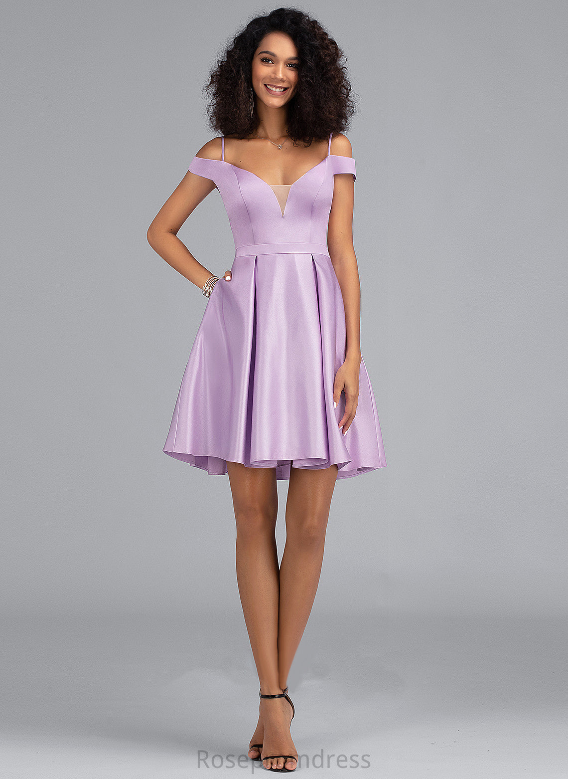 With Short/Mini Pockets Off-the-Shoulder Homecoming A-Line Homecoming Dresses Dress Satin Jaida Bow(s)