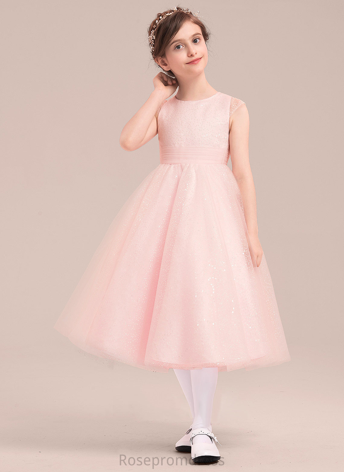 Bow(s) Sleeveless Caroline With Dress Tulle Girl Scoop A-Line/Princess - Tea-length Flower Neck Flower Girl Dresses