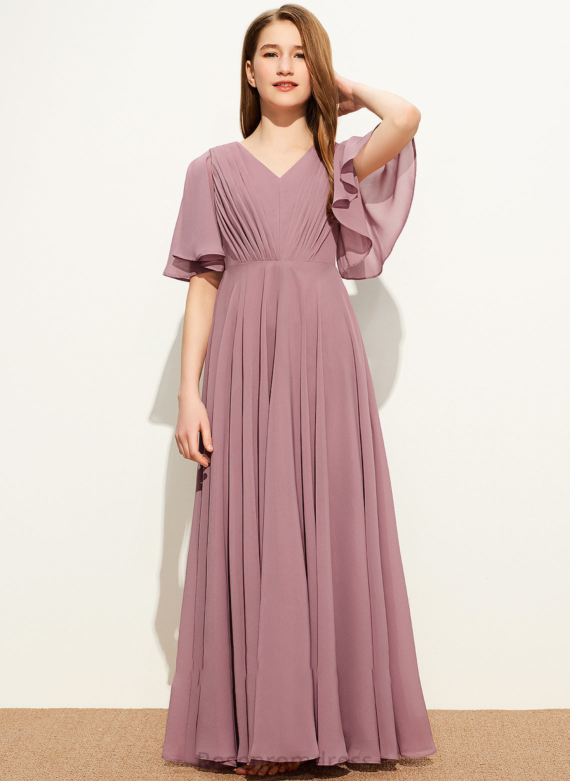 Floor-Length Junior Bridesmaid Dresses With A-Line V-neck Jacquelyn Ruffle Chiffon