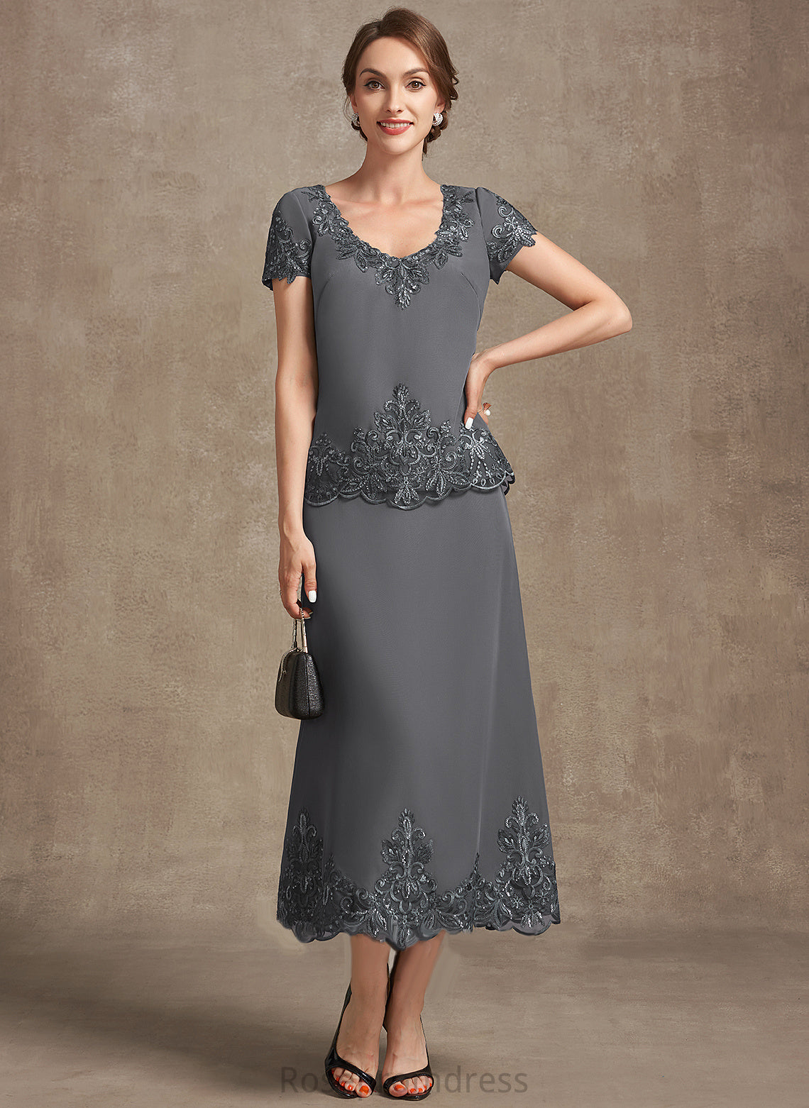 Scoop the Mother Sequins Chiffon Bride Dress Andrea Tea-Length Neck Mother of the Bride Dresses A-Line With Lace of