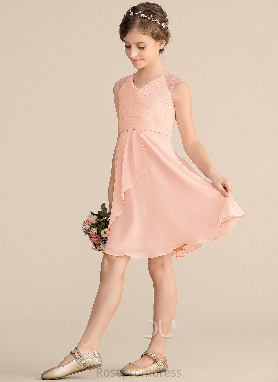 Lace Ruffles A-Line With Knee-Length V-neck Claudia Junior Bridesmaid Dresses Chiffon Cascading