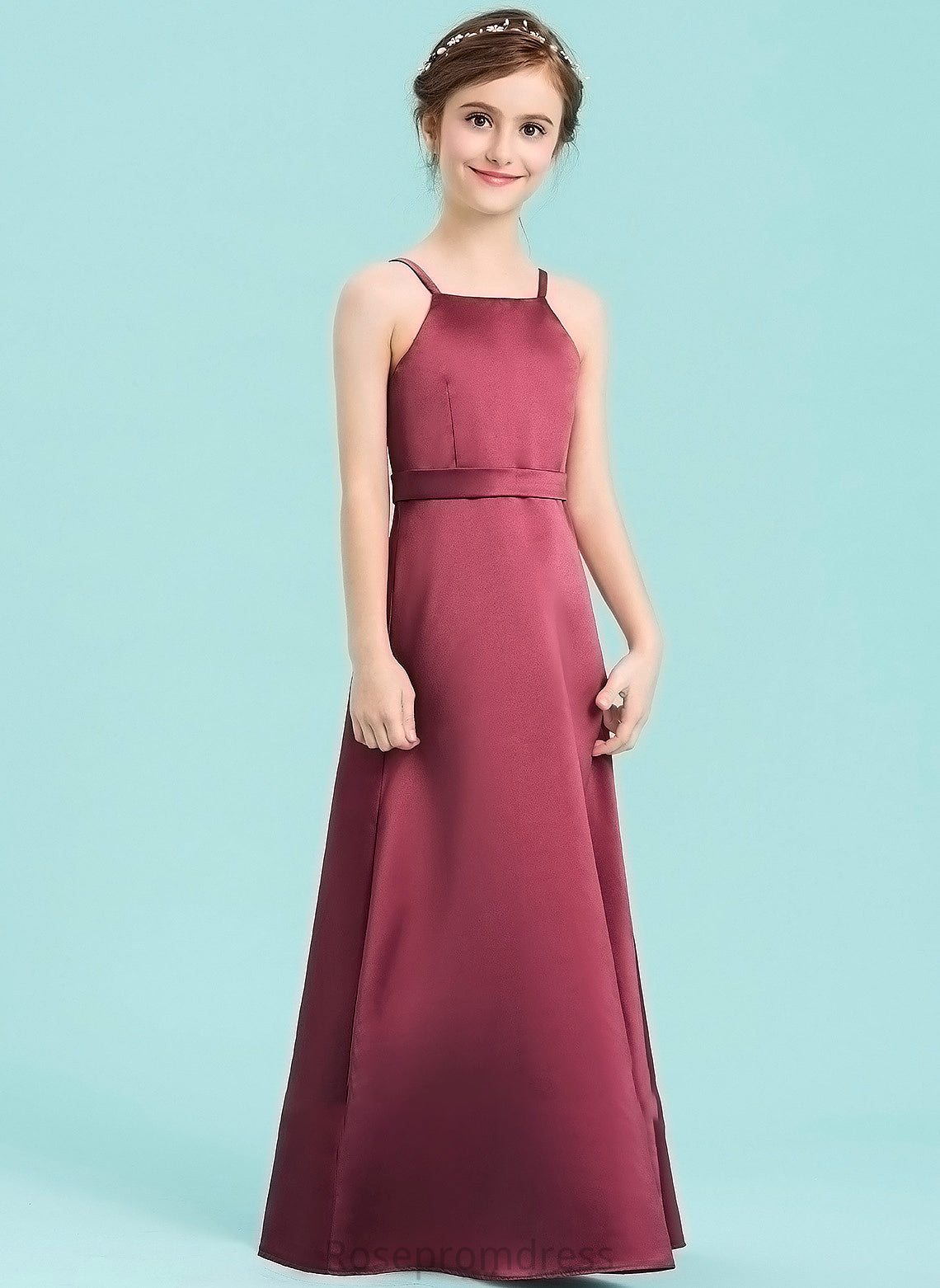 Junior Bridesmaid Dresses Bow(s) Neckline A-Line Square Riley With Floor-Length Satin