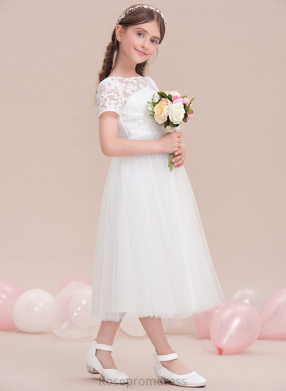 Junior Bridesmaid Dresses Neck Tea-Length Scoop Nan A-Line Tulle