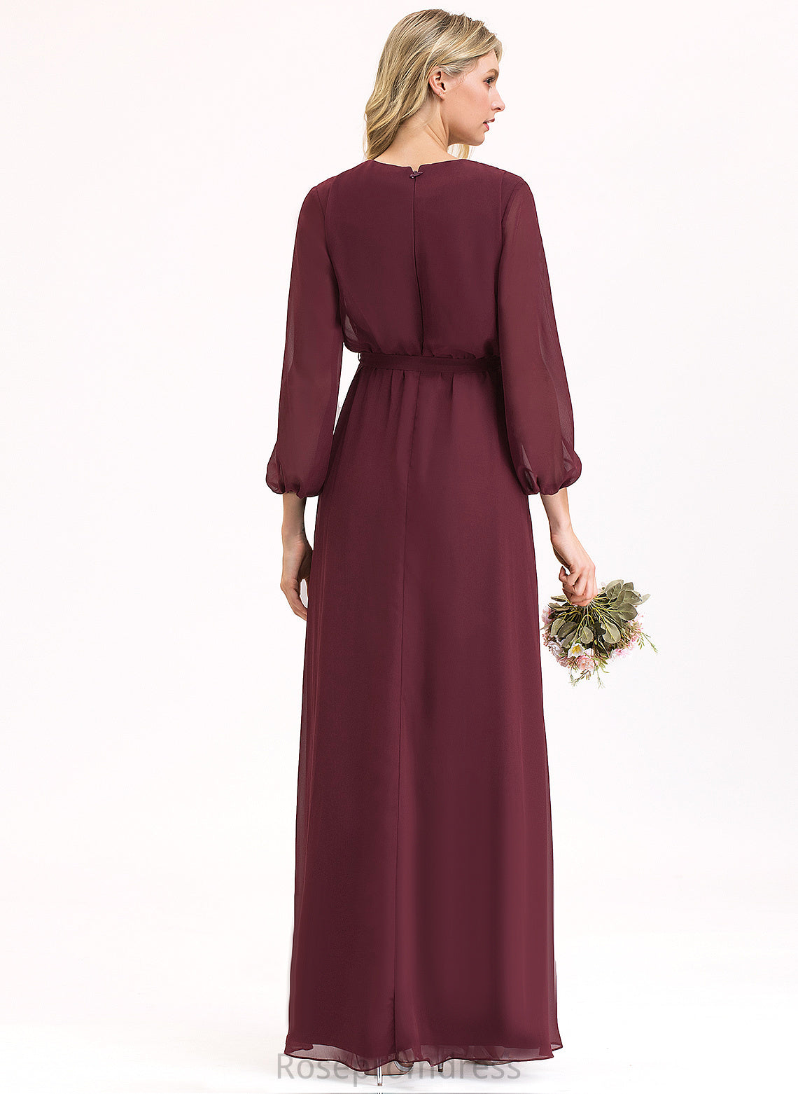 Fabric Pleated Length Bow(s) A-Line Embellishment V-neck Floor-Length Silhouette Neckline Violet Bridesmaid Dresses