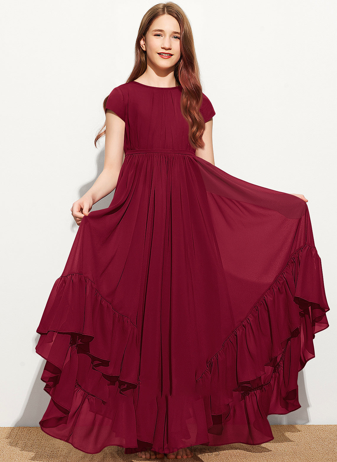 Junior Bridesmaid Dresses Neck Scoop A-Line Chiffon Floor-Length With Cascading Bow(s) Lace Appliques Ruffles Lyric