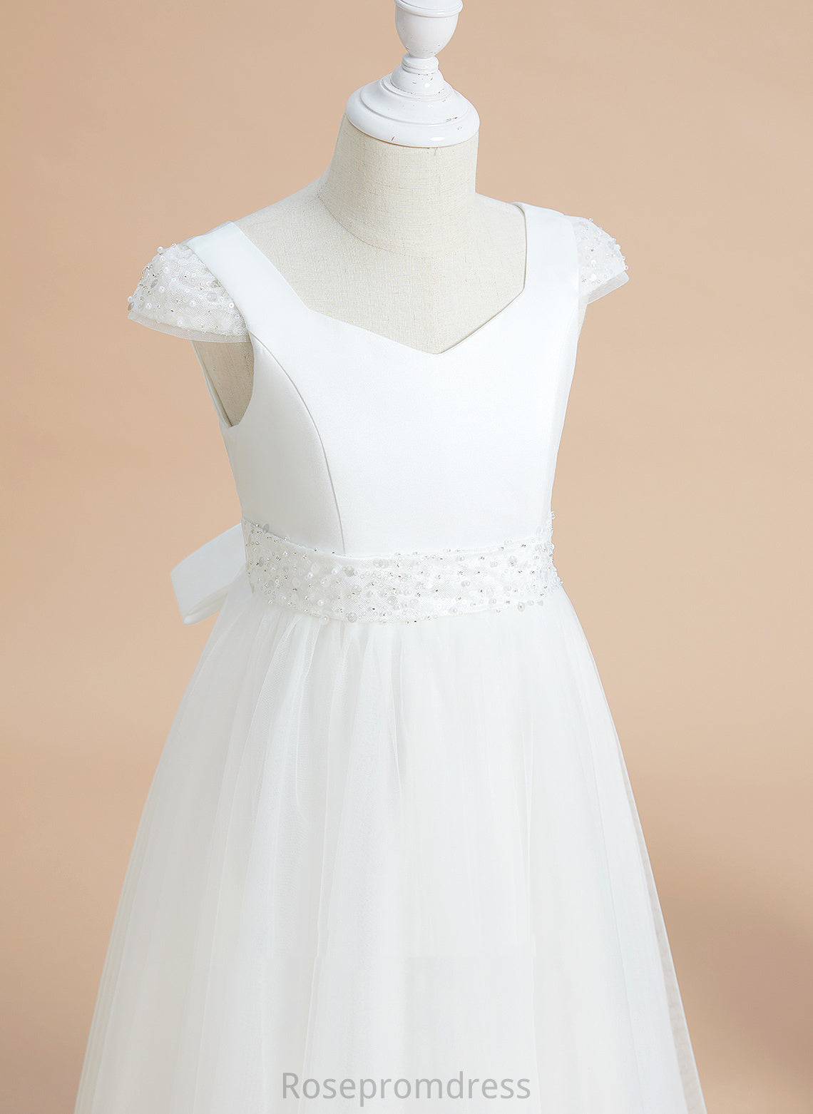 Ball-Gown/Princess Sleeves Beading/Bow(s) Girl Satin/Tulle Dress V-neck Flower Girl Dresses Short Floor-length Mandy - Flower With