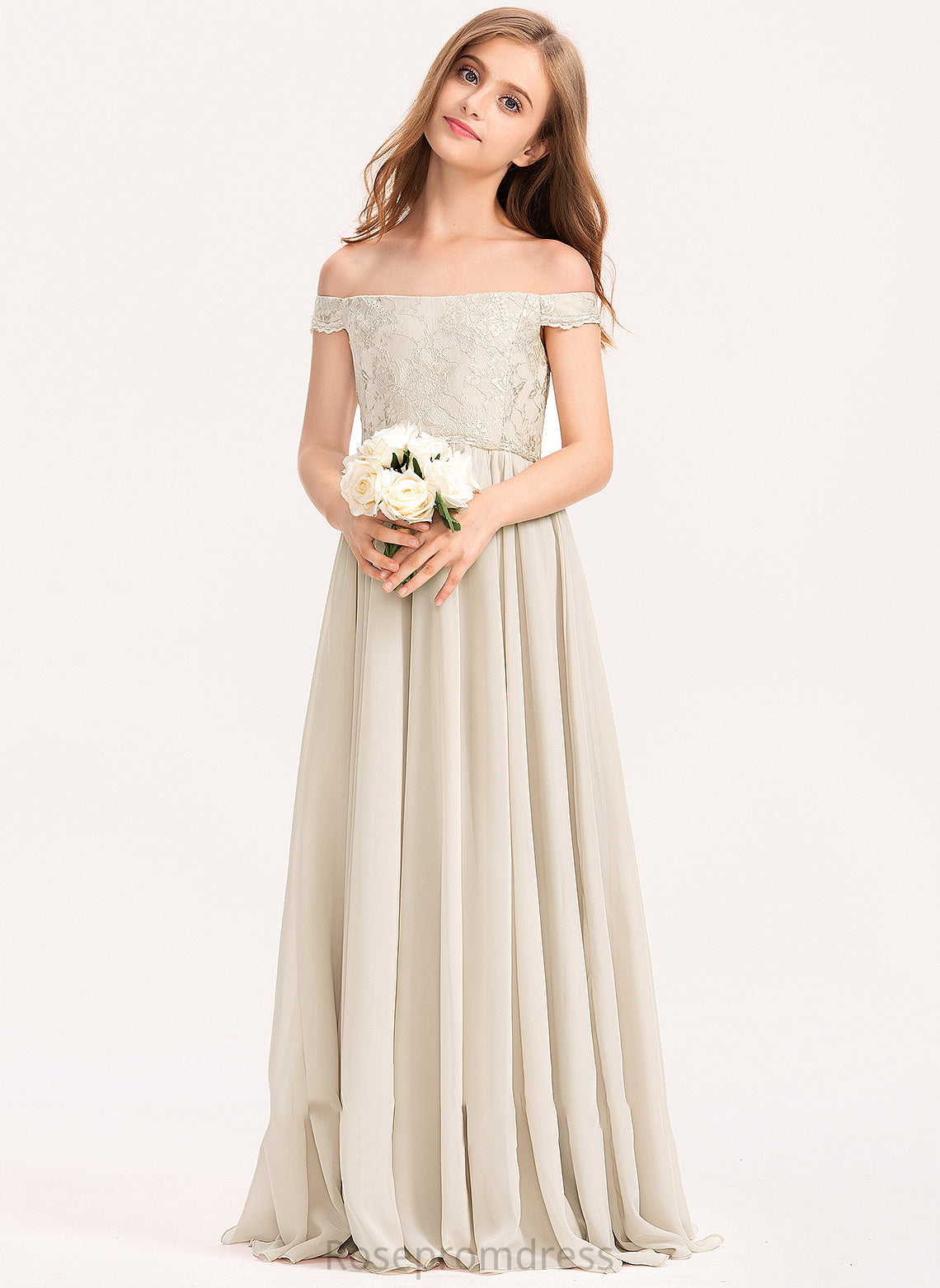 A-Line Off-the-Shoulder Floor-Length Lace Thelma Junior Bridesmaid Dresses Chiffon