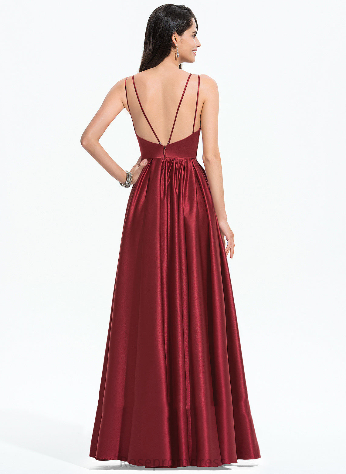 V-neck Pleated Satin Hillary Floor-Length With A-Line Prom Dresses