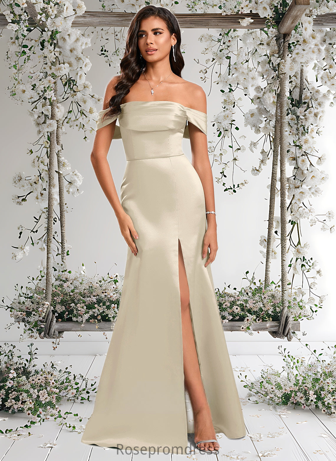 Evelin Trumpet/Mermaid Off the Shoulder Square Floor-Length Satin Prom Dresses With Ruffle DSP0025883