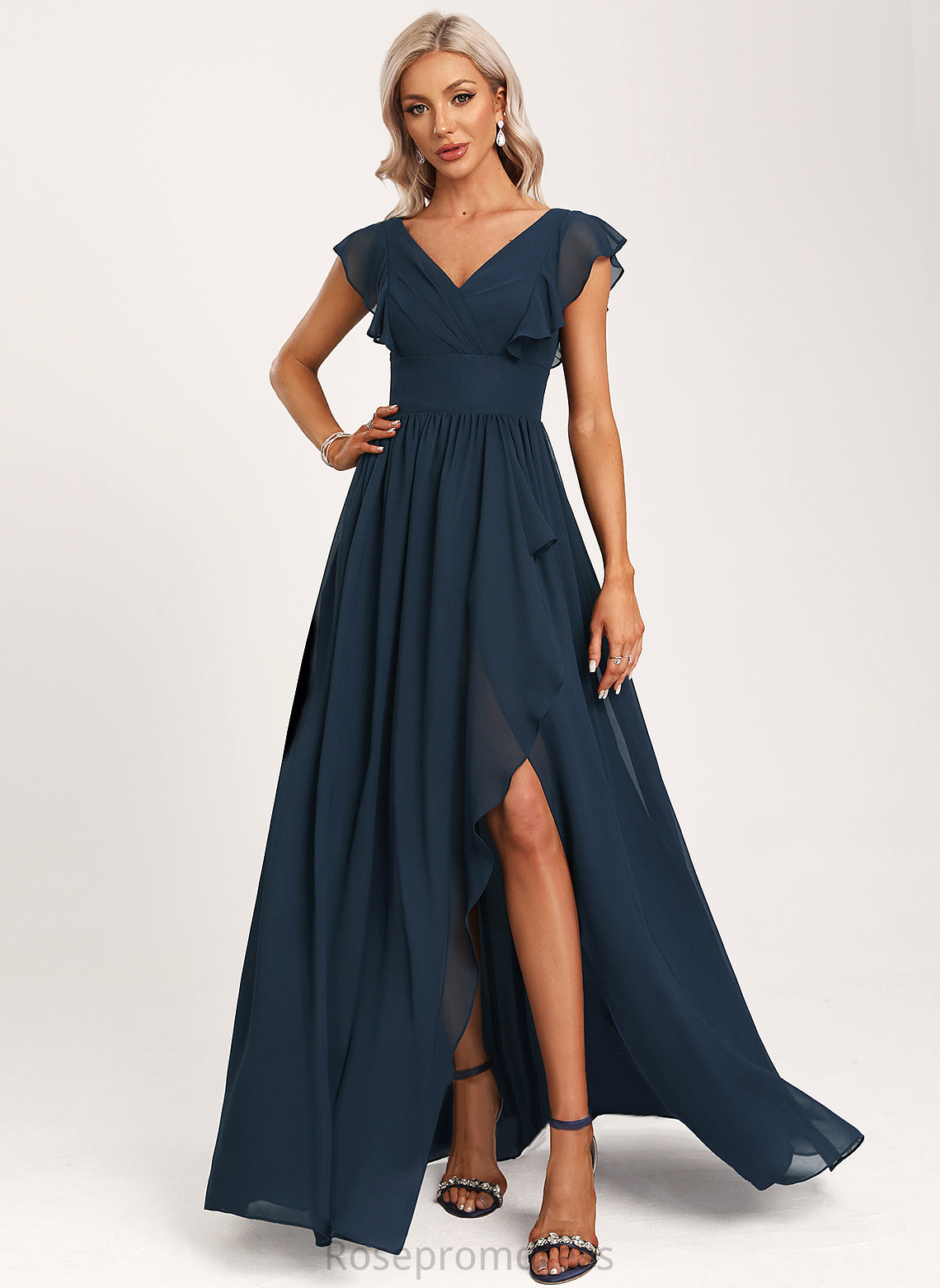 V-neck A-Line Length Embellishment Fabric Neckline Ruffle Asymmetrical Silhouette Lara Bridesmaid Dresses