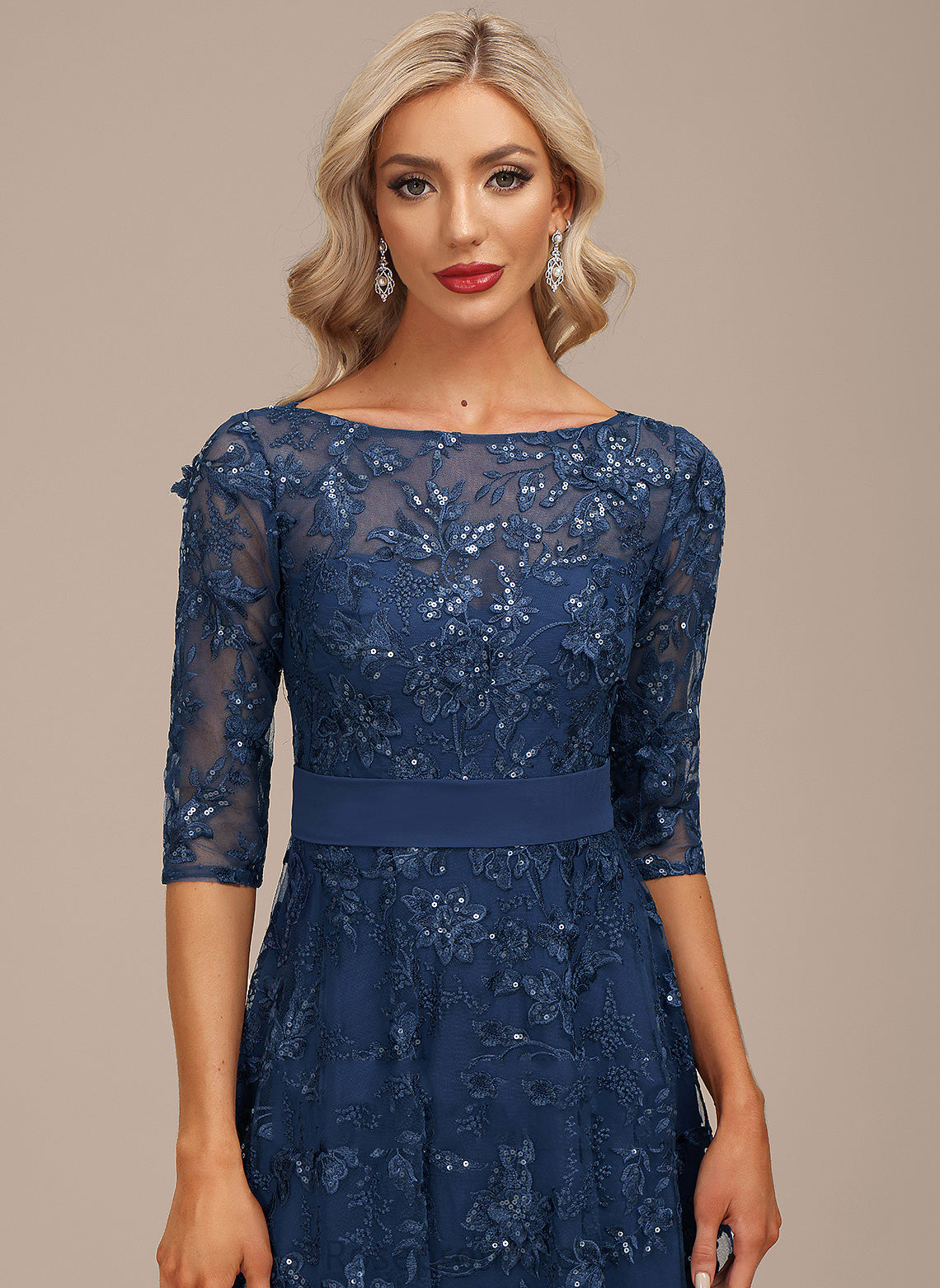 Cocktail Dresses A-Line Chiffon Tea-Length Dress Sequins Neck Lace Scoop Cocktail Tiffany With