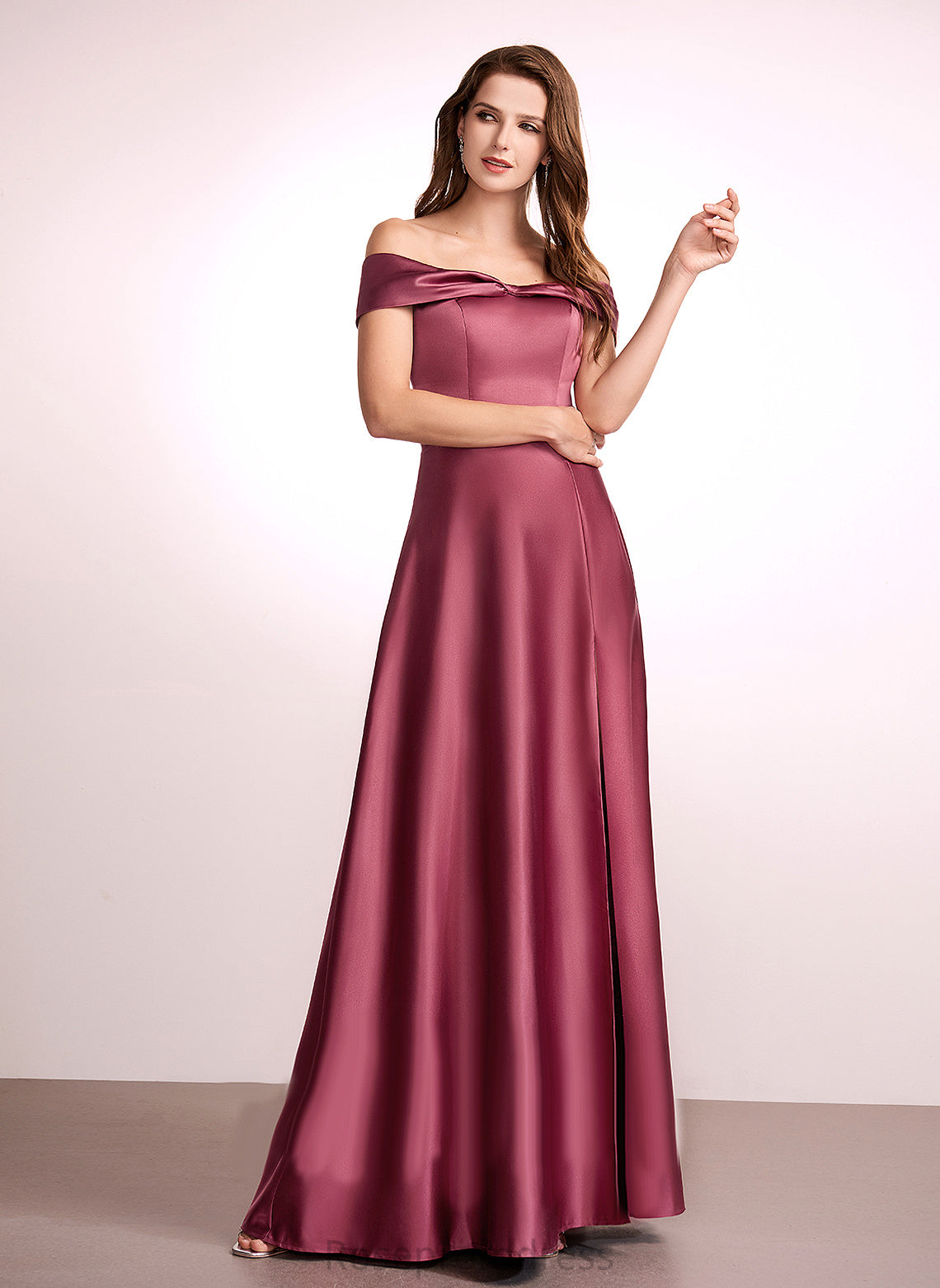 Neckline Fabric Length Floor-Length Embellishment Silhouette SplitFront Off-the-Shoulder A-Line Melinda Floor Length Sheath/Column Bridesmaid Dresses