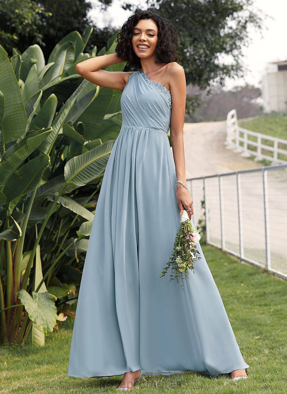 Length A-line Floor-Length OneShoulder Silhouette Neckline Embellishment Lace Fabric Audrina V-Neck A-Line/Princess Bridesmaid Dresses