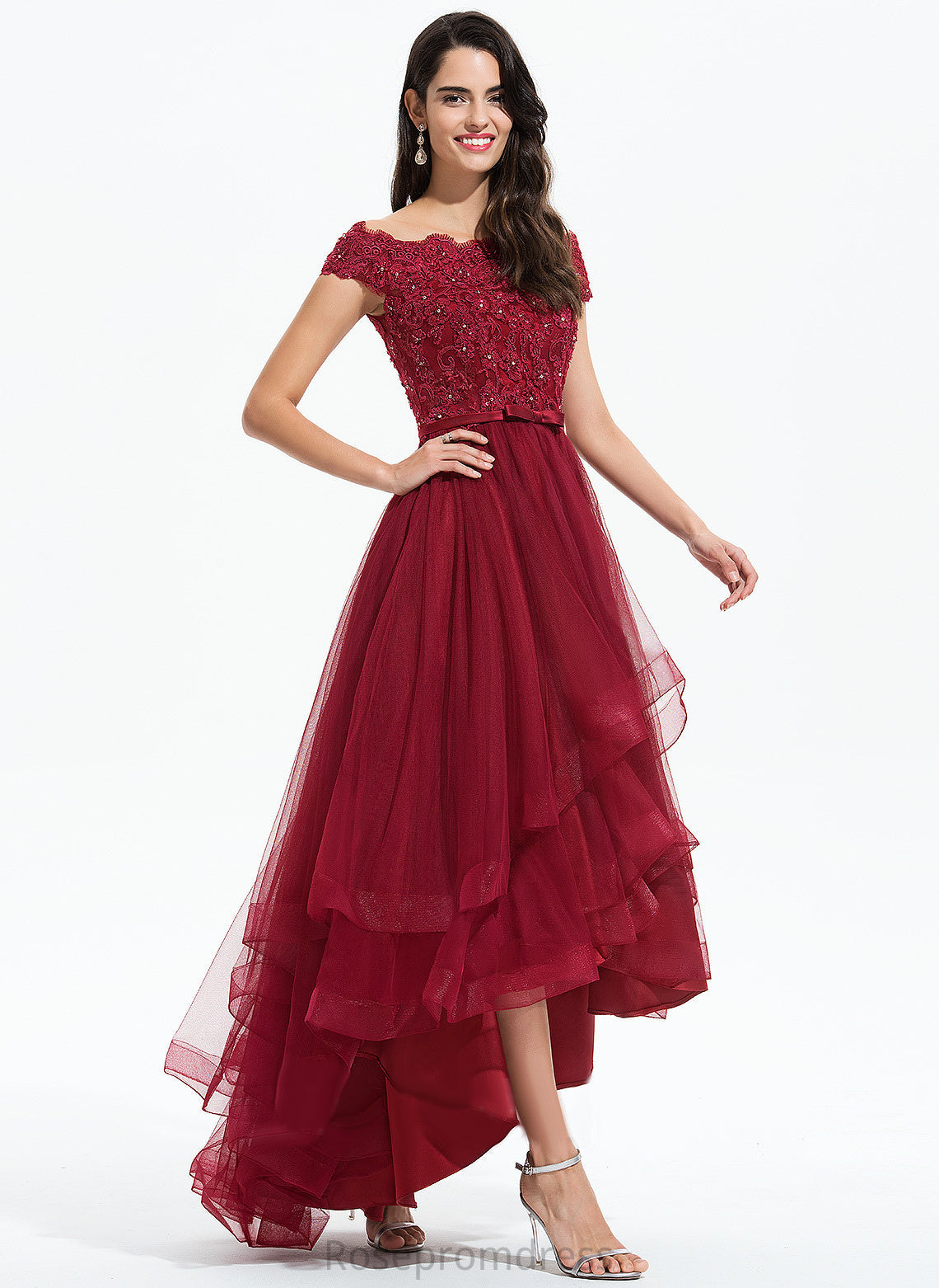 Dress Tulle Asymmetrical Off-the-Shoulder Sequins A-Line Rosa Lace Beading Bow(s) With Wedding Wedding Dresses