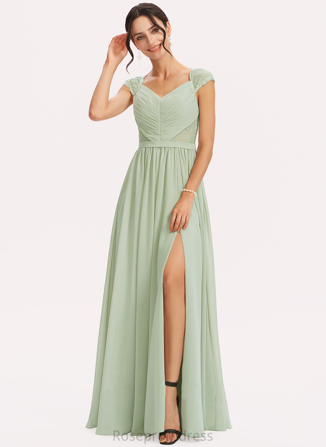 Length Lace SplitFront Silhouette A-Line Embellishment Neckline V-neck Floor-Length Fabric Chelsea Natural Waist Bridesmaid Dresses